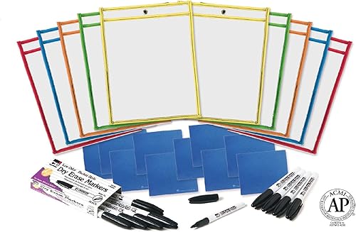 Charles Leonard 29130 - Lote de bolsillos de borrado en seco reutilizables, incluye 10 bolsillos de cada uno de los marcadores y gomas de borrar de