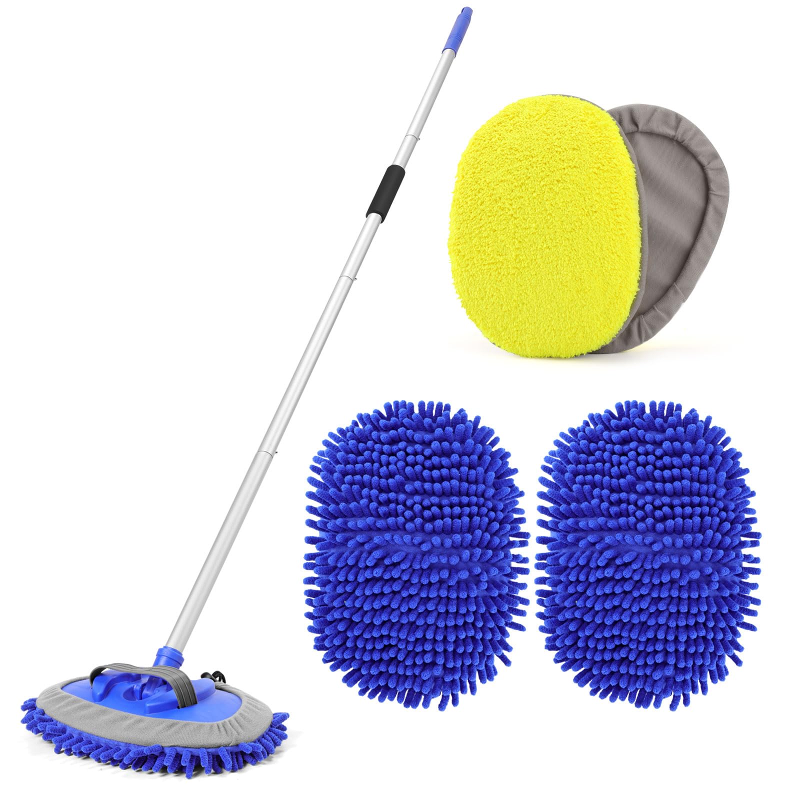 62'' Microfiber Car Wash Mop Kit with Long Handle, Chenille Windshield Cleaner Pads for Rv Boat Bus Non-Scratches, Blue Car Washing Brush