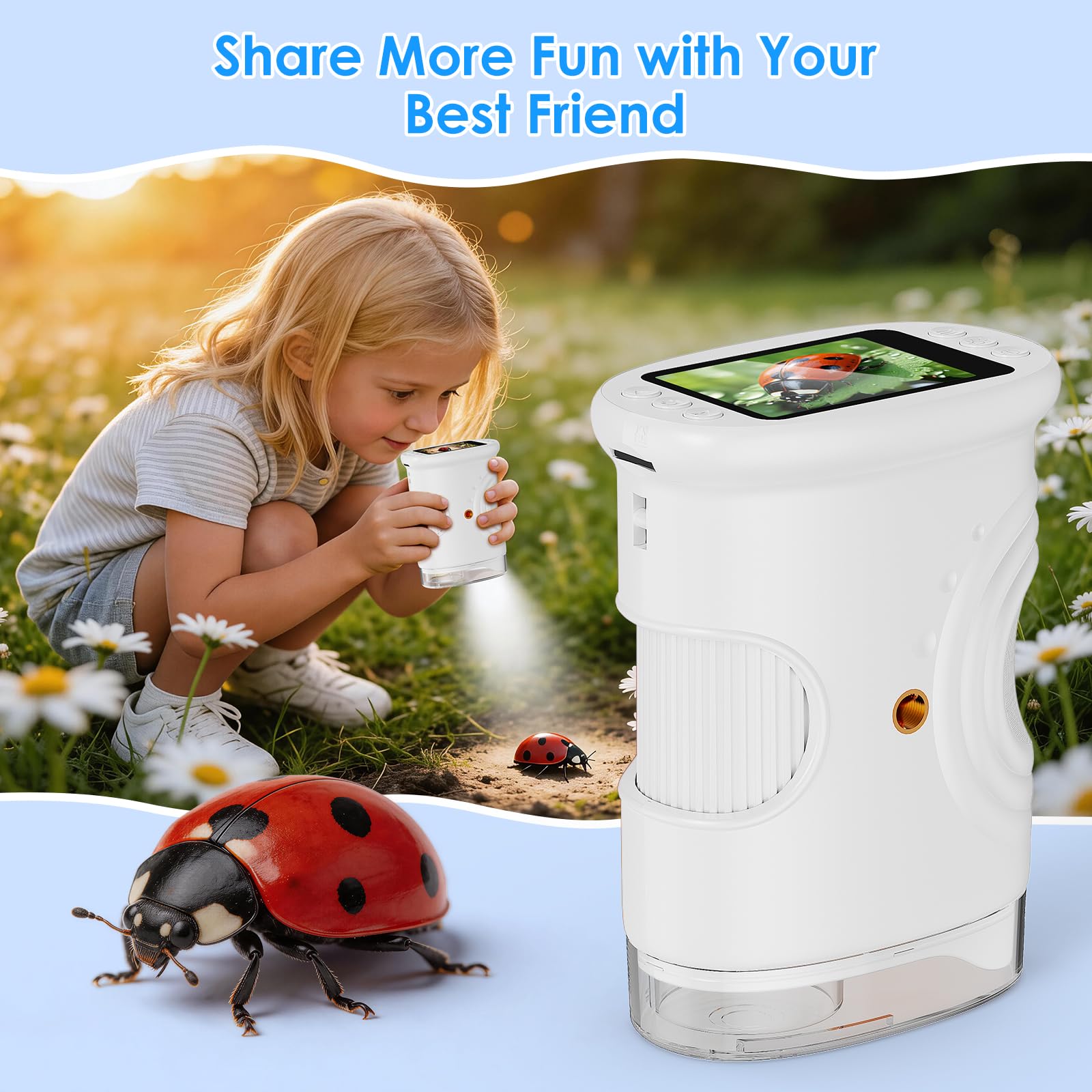 Microscope Enfant Portable 1000X – Microscope Numérique avec Écran IPS 2 Pouces et 8 LED, Fonction Photo & Vidéo, Jouet Scientifique Cadeau pour Garçons et Filles (Blanc)