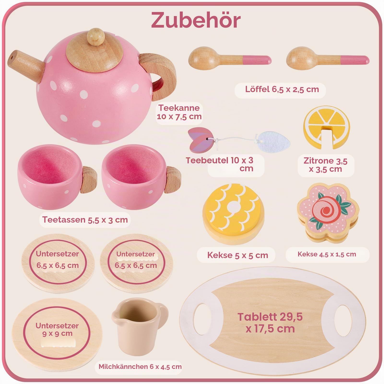 AOLEVA Teeservice Kinder Holz Spielküche Zubehör, Tee Set Teeparty Kinderküche Holzspielzeug Kindergeschirr Rollenspiele Geschenk für Kinder Mädchen Jungen, Rosa