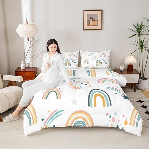 Miniatura 3 de Juego de ropa de cama tamaño individual arcoíris para niñas, juego de edredón de decoración Kawaii estilo dibujado a mano para niños y mujeres,