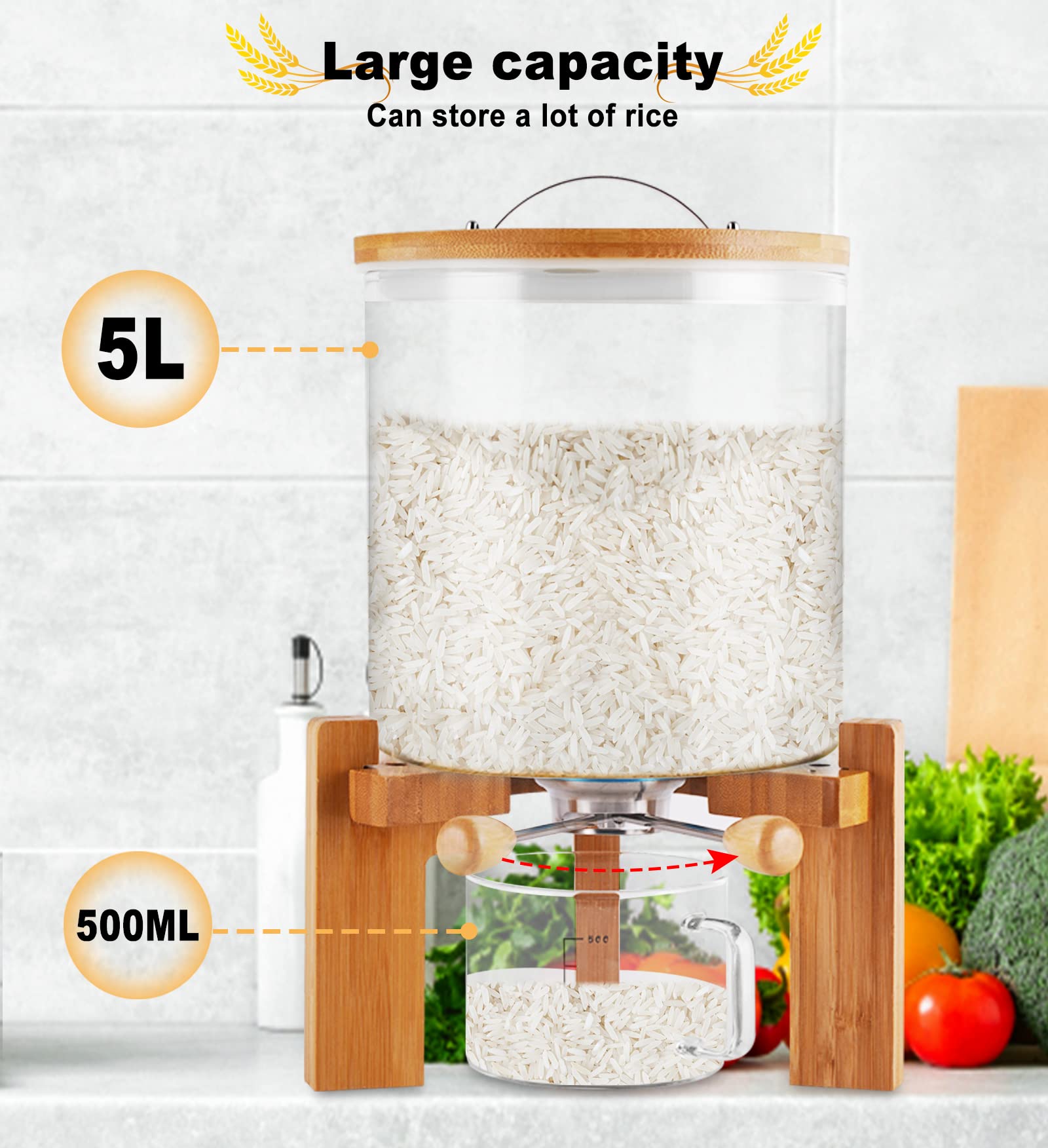 5L Glass Rice Dispenser With Bamboo Stand - Airtight, Has Valve & Thermometer