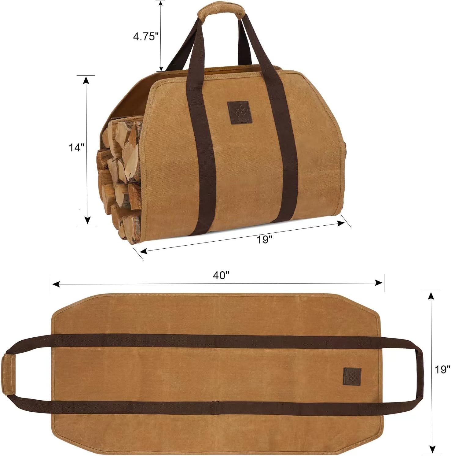 WILLOW WEAVE Firewood Carrier Bag, Khaki Color, Water-Resistant, 40" L x 19" W, with Padded Handle, Cross-Stitched Straps, Foldable Design
