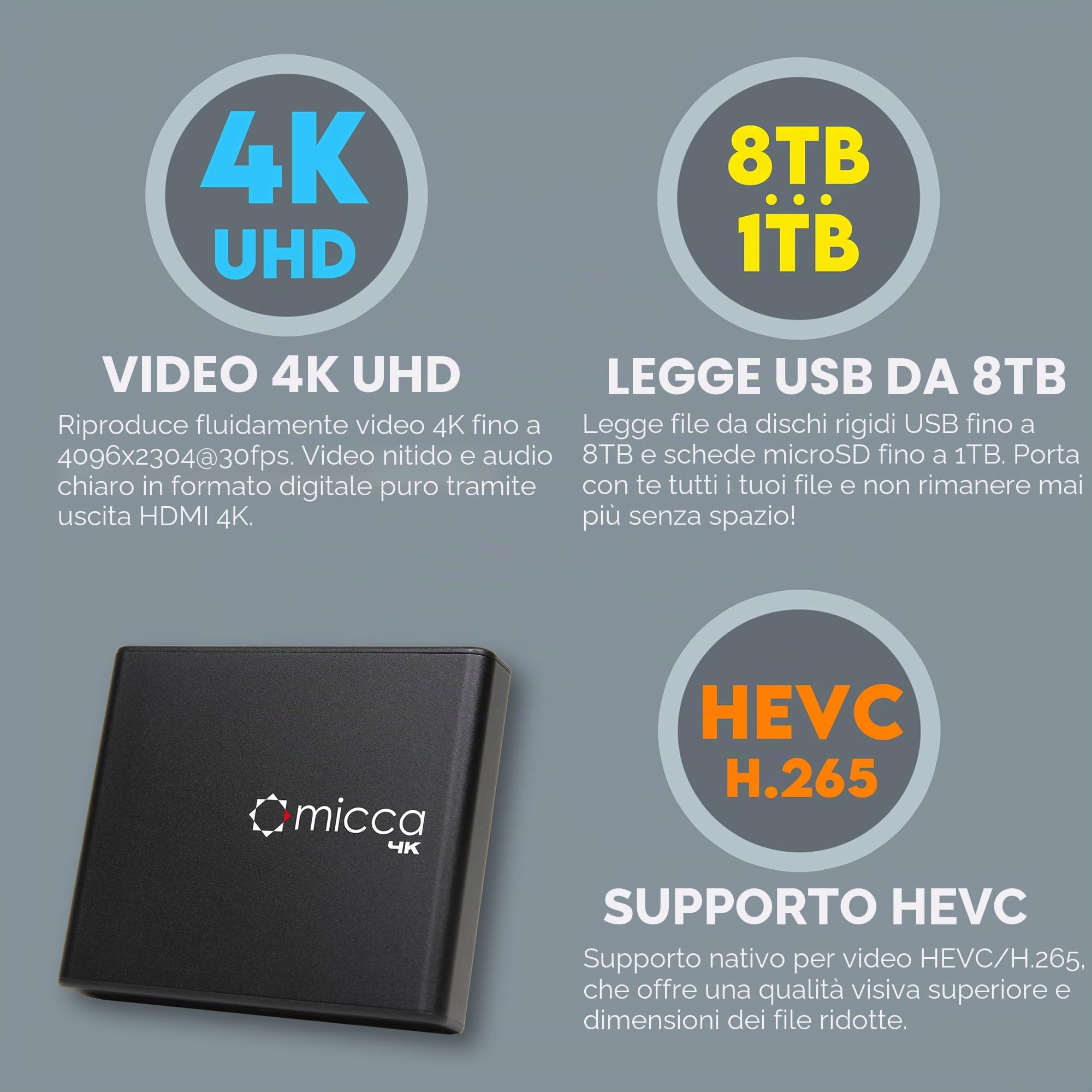 Micca Lettore Multimediale 4K Ultra-HD per USB e MicroSD, Riproduzione Automatica, Supporto H.265/HEVC, H.264/AVC, MP4, MKV, MP3, JPG, Uscita HDMI 4K e AV Analogico, Segnaletica Digitale