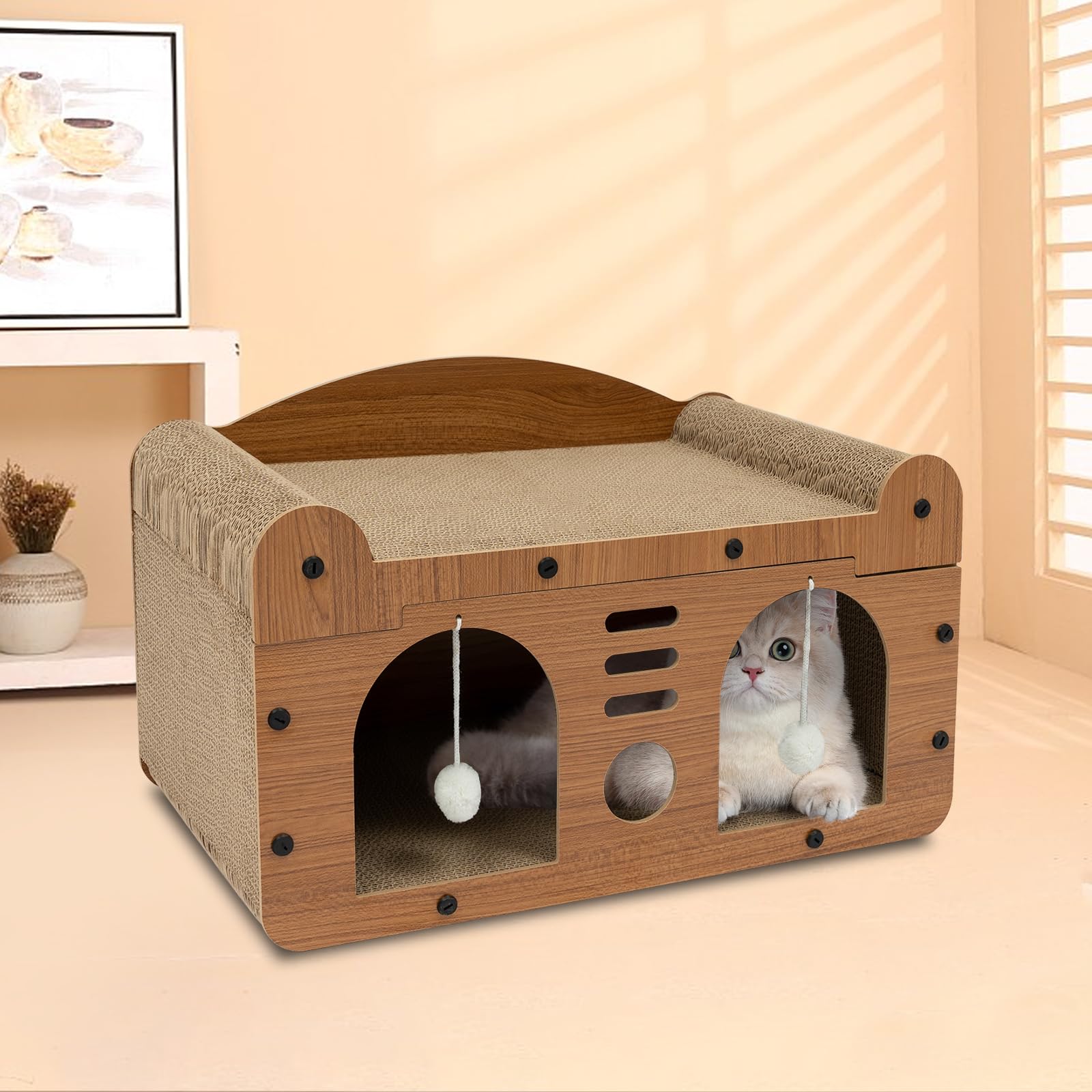 Cuccia per gatti marrone, con palline da gioco, rettangolare, cuccia per gatti, grandi porte, cuccia per gatti, case allargate e ispessite, 56 x 30 x 30 cm, facile da montare