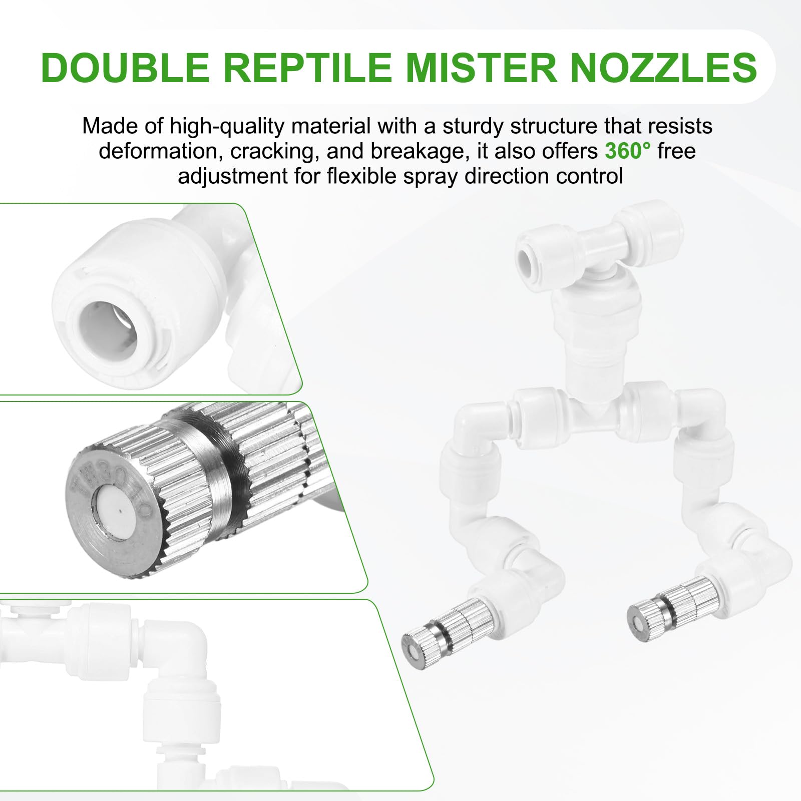 Podwójne dysze zraszające dla gadów, miedziane, 0,3 mm, 1/4" z filtrem do terrarium/paludarium, dysza regulowana w zakresie 360 stopni [białe]