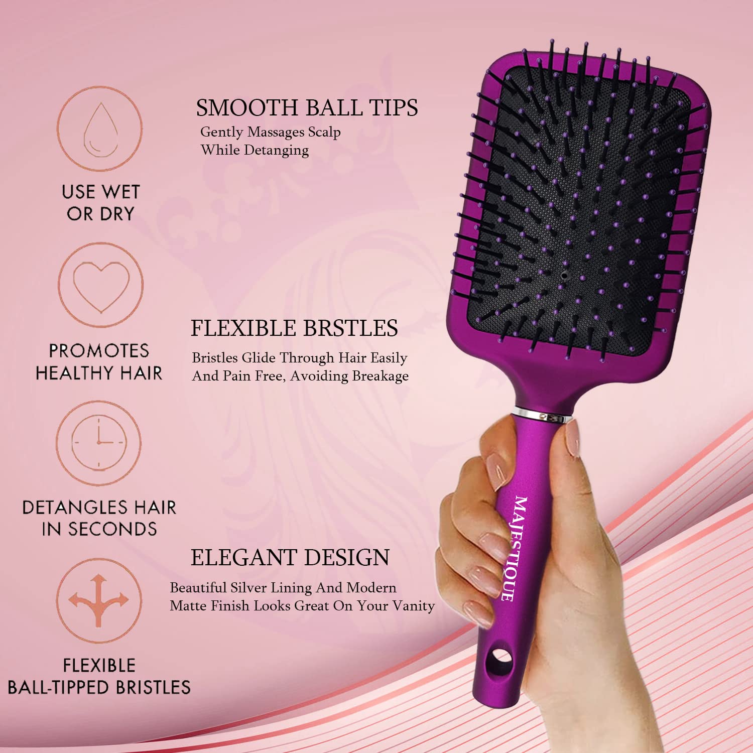 Majestique Hair Brush Set, Paddle Hair Brush, Round Hair Brush for Blow Drying Men and Women, Great On Wet or Dry Hair, No More Tangle Hairbrush for Long Thick Thin Curly Natural Hair-Purple