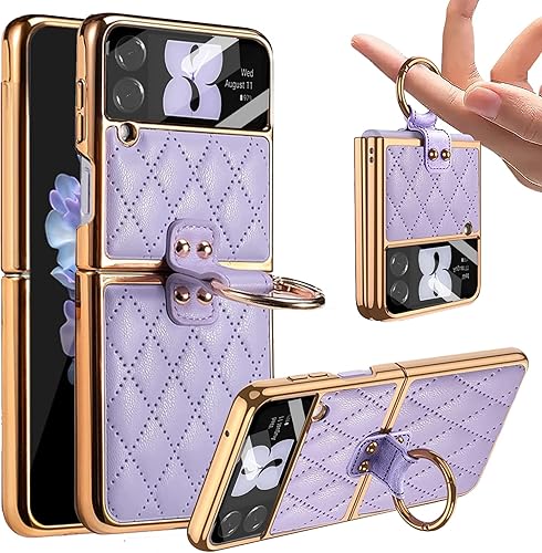 Miniatura 8 de Miimall Funda de cuero para Samsung Galaxy Z Flip 4 2022 con soporte de anillo, cubierta trasera de cuero romboide de lujo para mujeres y niñas,