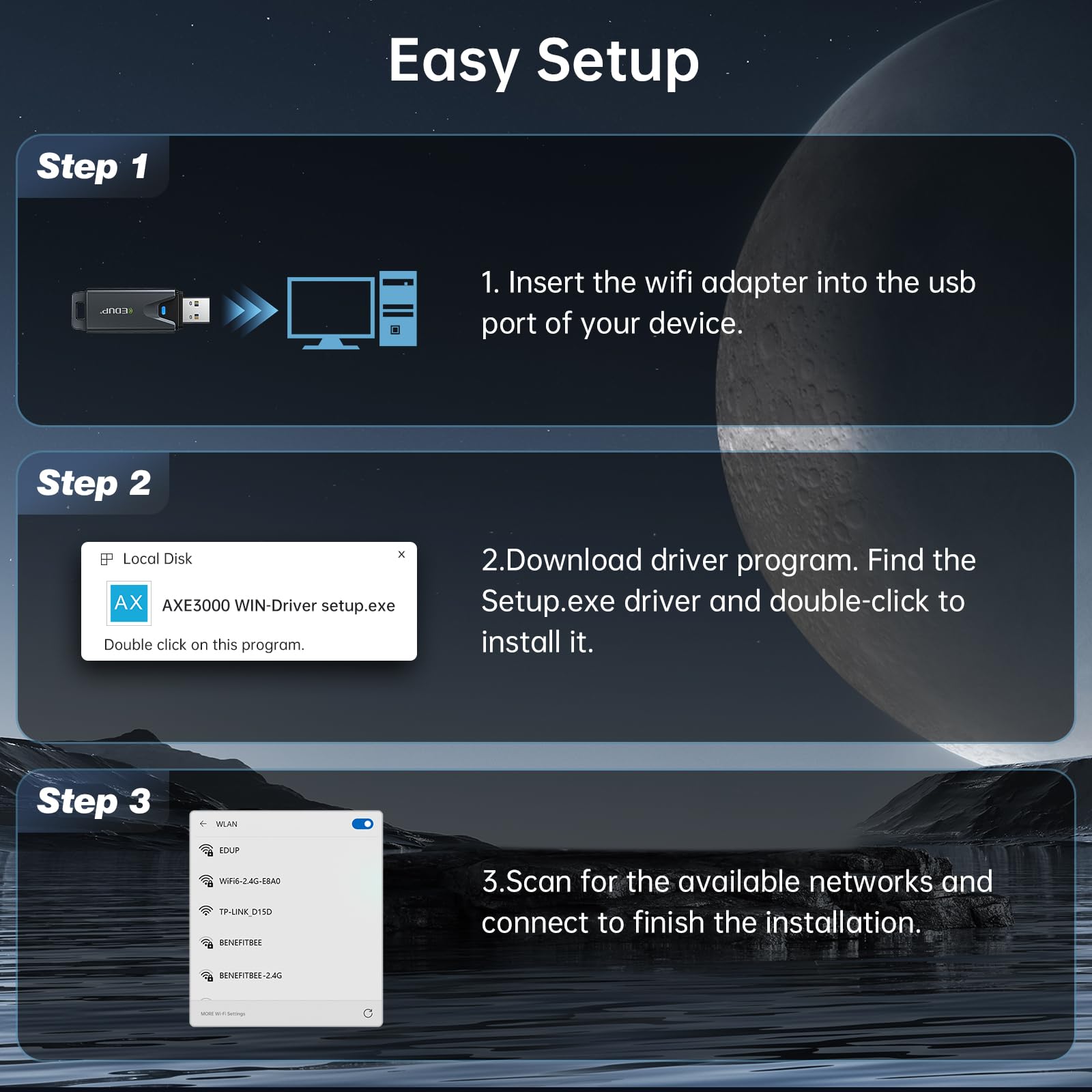 EDUP Mini adaptateur USB 3.0 WiFi 6E pour PC, AXE3000, 802.11ax, tri-bande 6 GHz/5 GHz/2,4 GHz, carte réseau sans fil USB, compatible Windows 11/10 (installer le pilote) et Linux (Plug and Play)