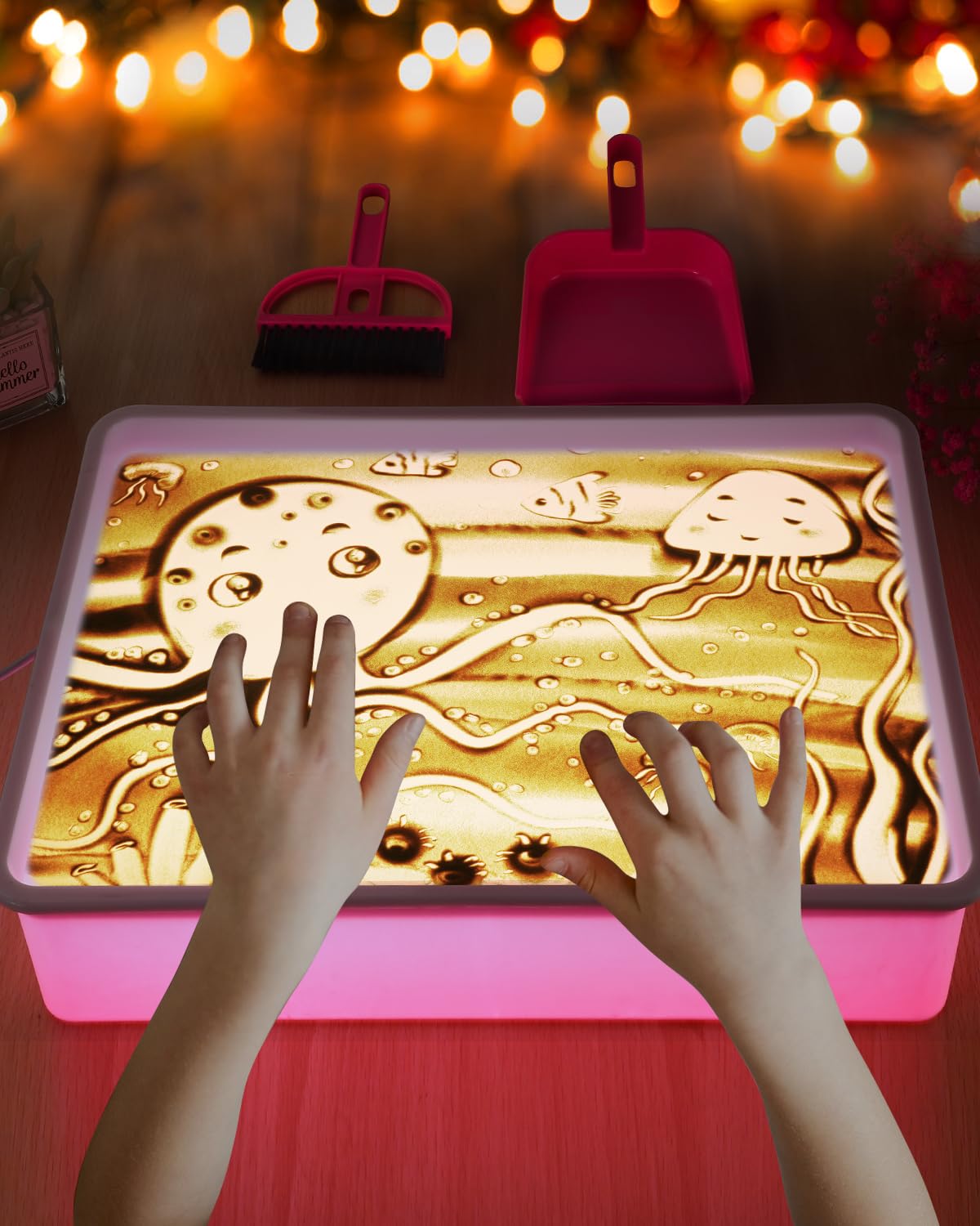 AtMini - Scatola luminosa per pittura a sabbia, con 4 confezioni di sabbia naturale, set con vassoio per la sabbia, per bambini a partire dai 3 anni in su (rosa)