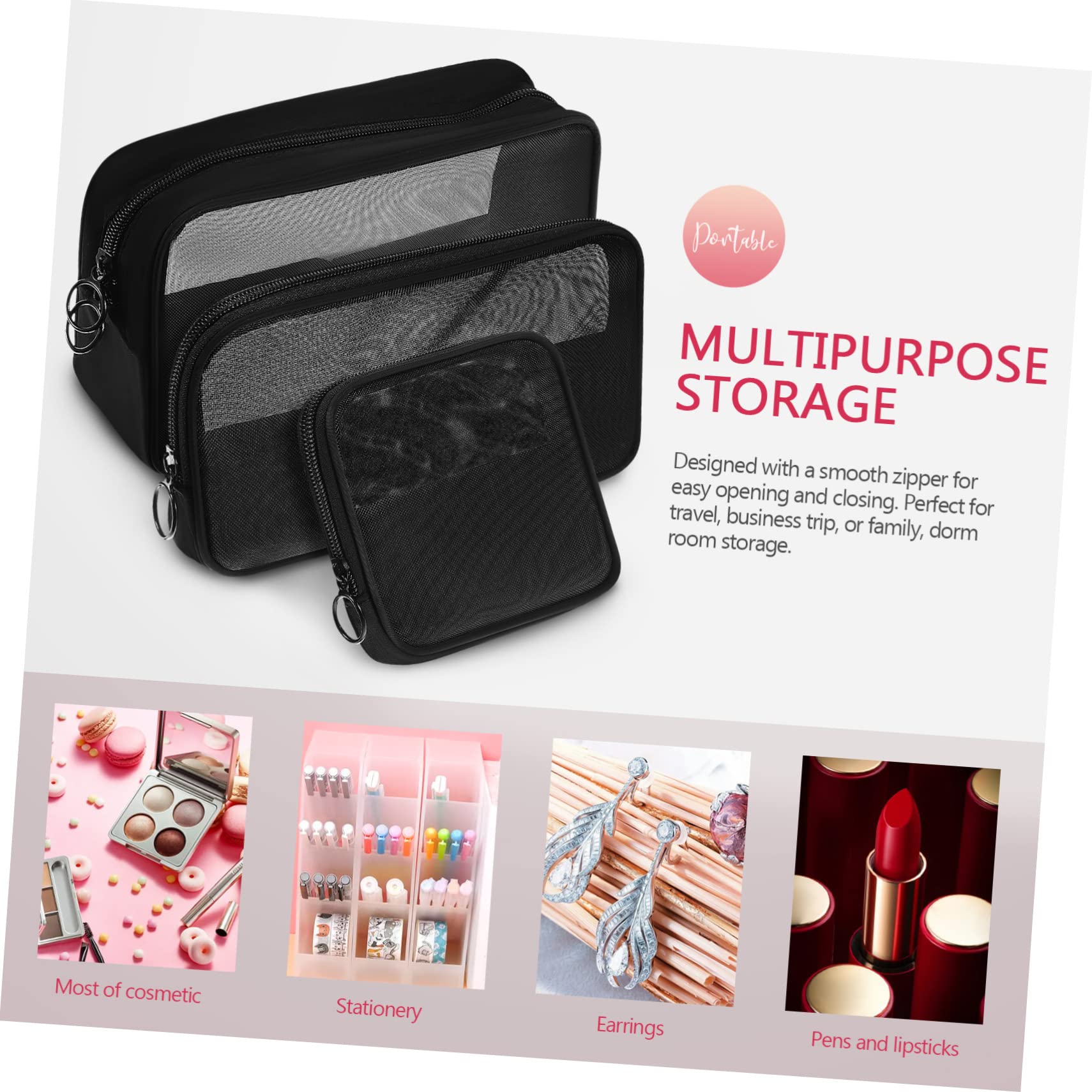 Kosmetiktaschen Leicht und Tragbar aus Netzgewebe Schwarz 6 Stück zum Ordnen von Make Up und Zubehör für Reise und Haushalt