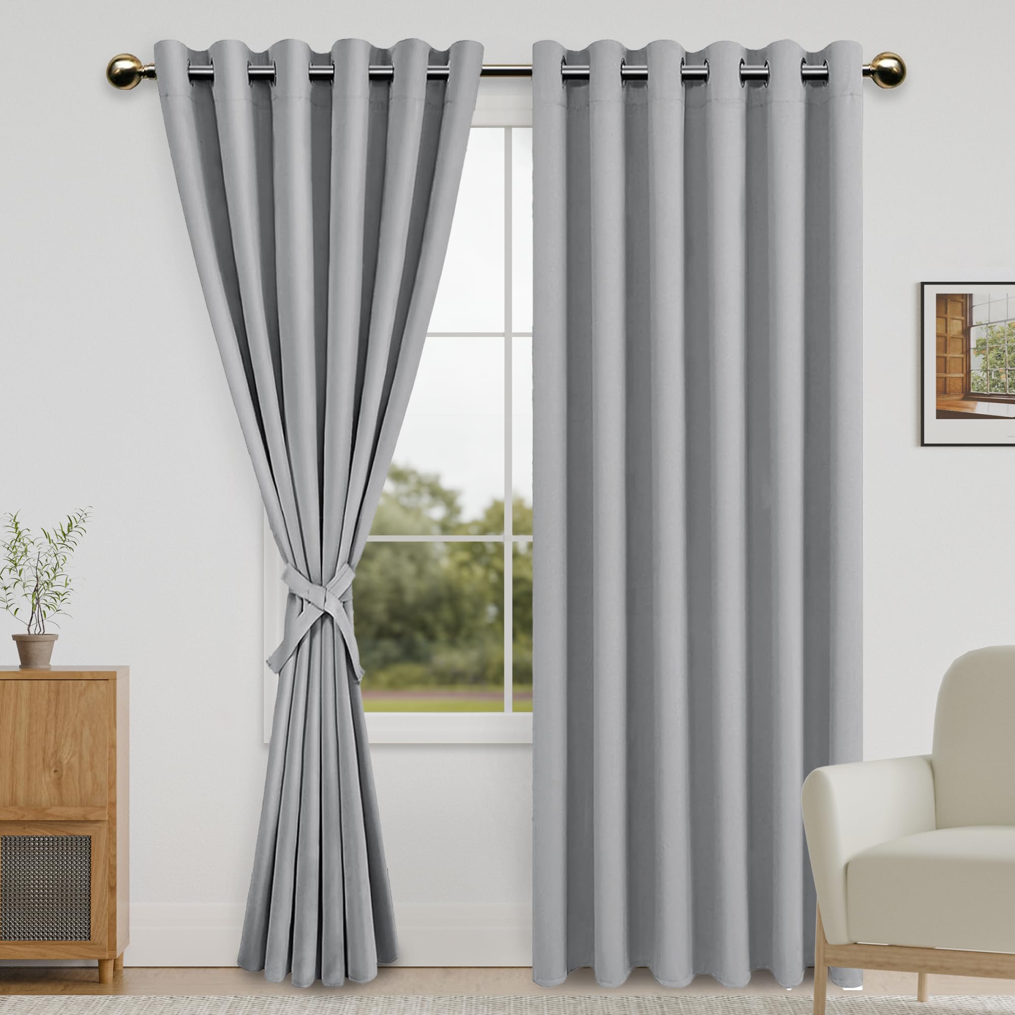 DWCN - Blackout Curtains for Bedroom with Tiebacks, Room Darkening Blackout Curtains Grommet Top Window Drapes for Living Room, 70 x 84 Inches Long, Grey
