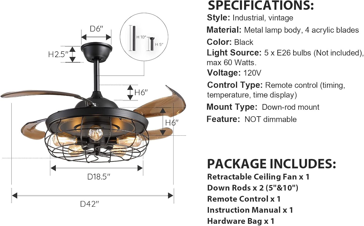 Review Discount APBEAMLighting Retractable Industrial Ceiling Fan Light Caged Ceiling Fan Chandelier Vintage Fandelier Reverse Blades with Remote Control for Living Dining Room Bedroom Black 42 Inches