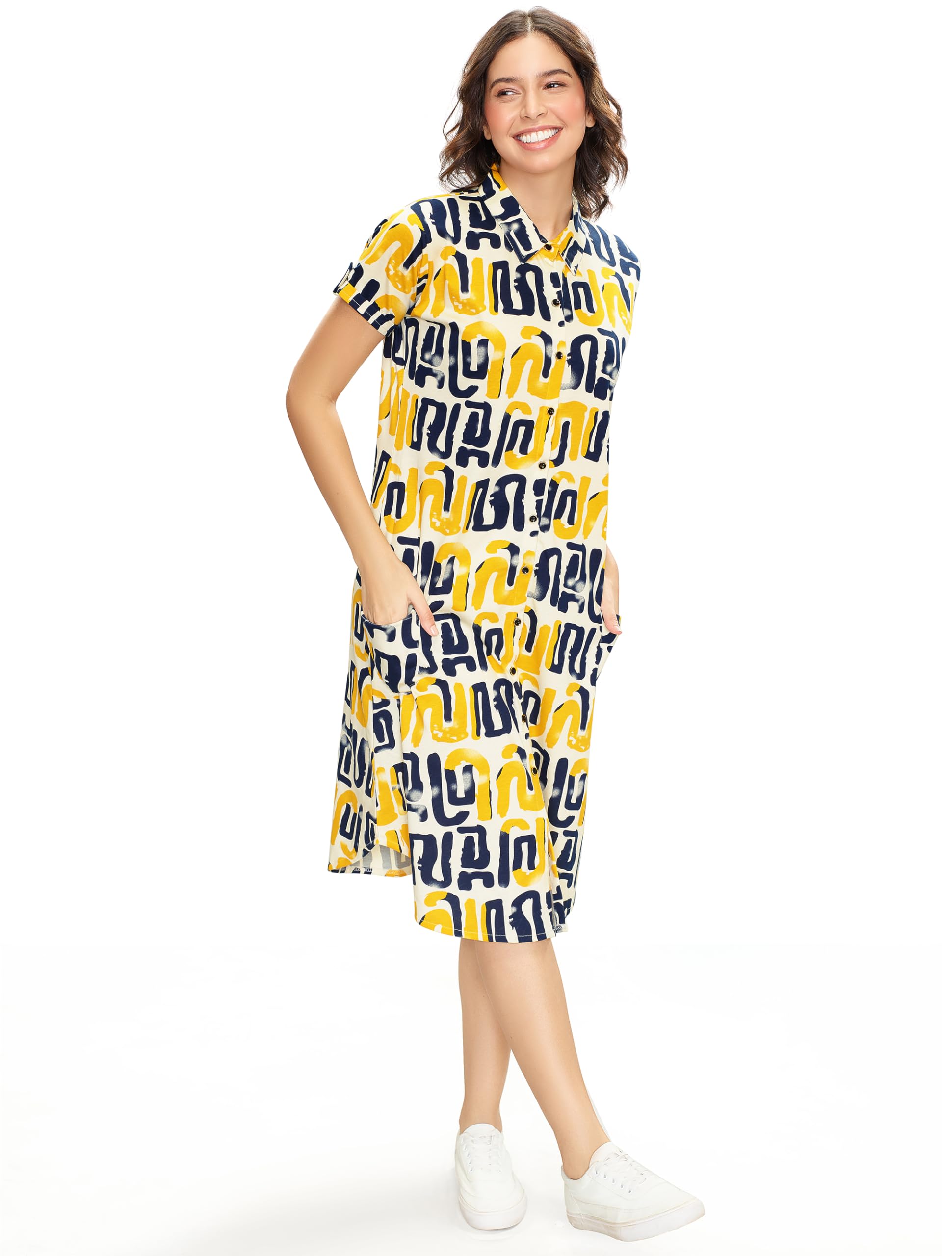 lotik Women's Cotton Geometric Print Button Down Sleep Shirt Knee Length Short NightYY-picture-33