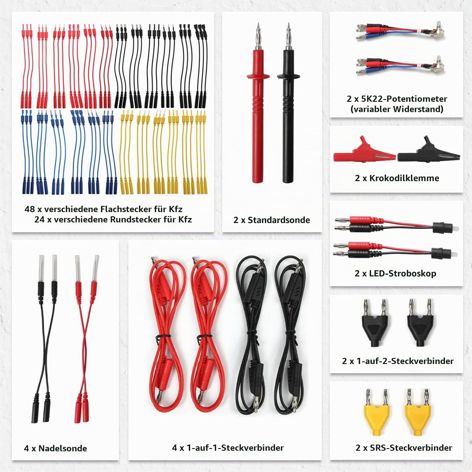 Multimeter Test Leads Set, 92PCS KFZ Fehlerdiagnose Messleitungsset enthält Prüfspitzen, Kabelverbinder, Krokodilklemmen, Elektrisch Auto Reparatur Prüfkabel mit Aufbewahrungstasche für Fahrzeuge