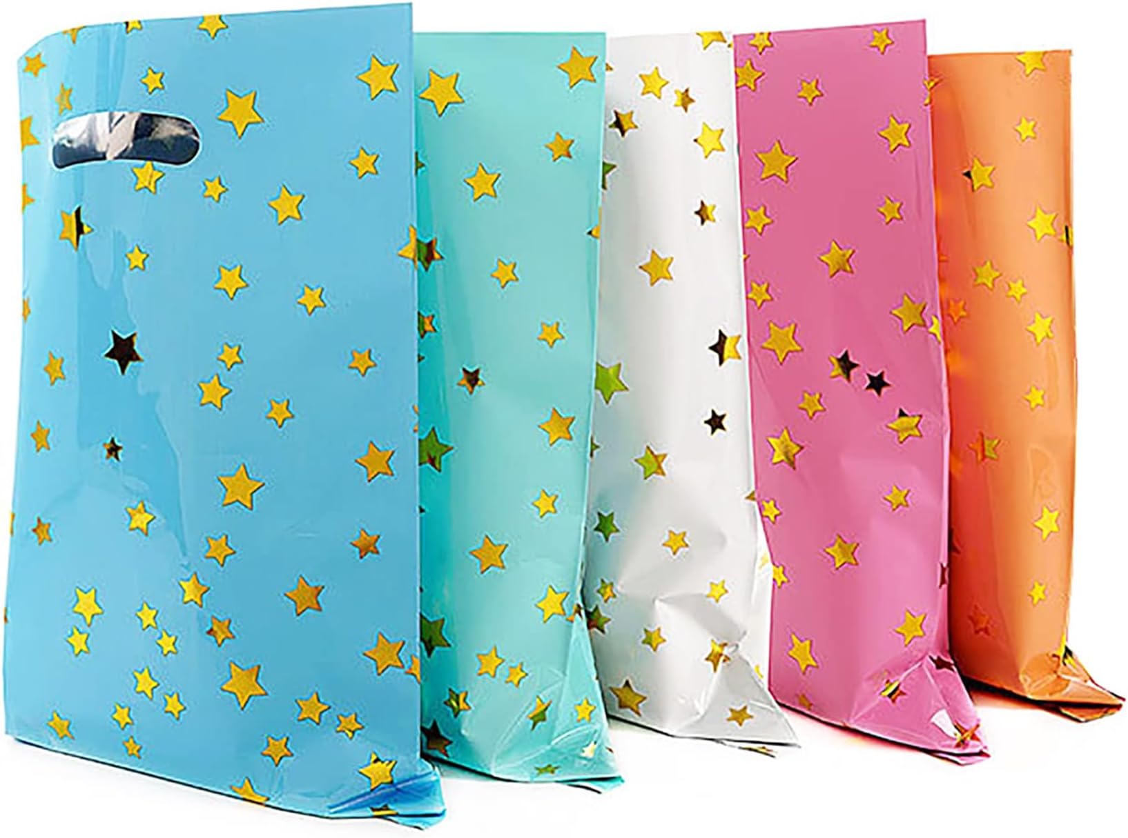 25 Party Favor Bags for Kids Birthdays, Goodie Candy Bags in 5 Colors with Star Pattern