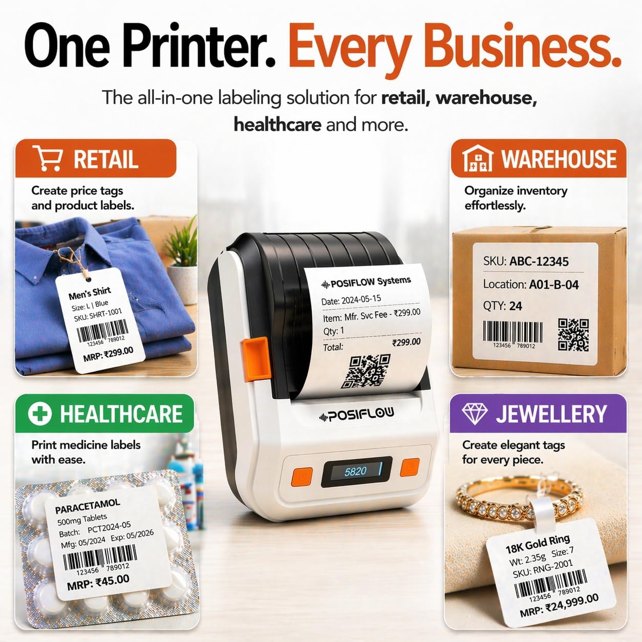 PSF20 2-Inch (58mm) Inkless Portable Bluetooth Thermal Label Printer, Receipt & Barcode Printing, USB, Mobile & PC Support, 200 Labels Included, Black/White — Amazon image 4