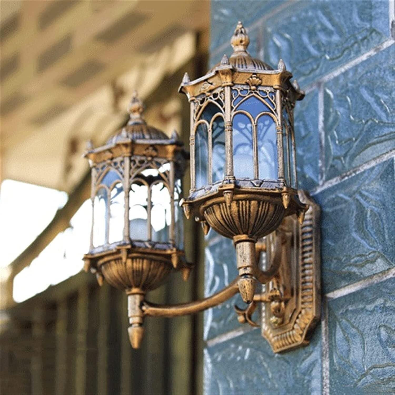 Wejścia Lampa Zewnętrzna Podwójna Głowica Kinkiet Zewnętrzny Aluminiowy Europejski Styl Wodoodporny Szklany Taras Lampa Ogrodowa Oświetlenie Ogrodu(Bronze)