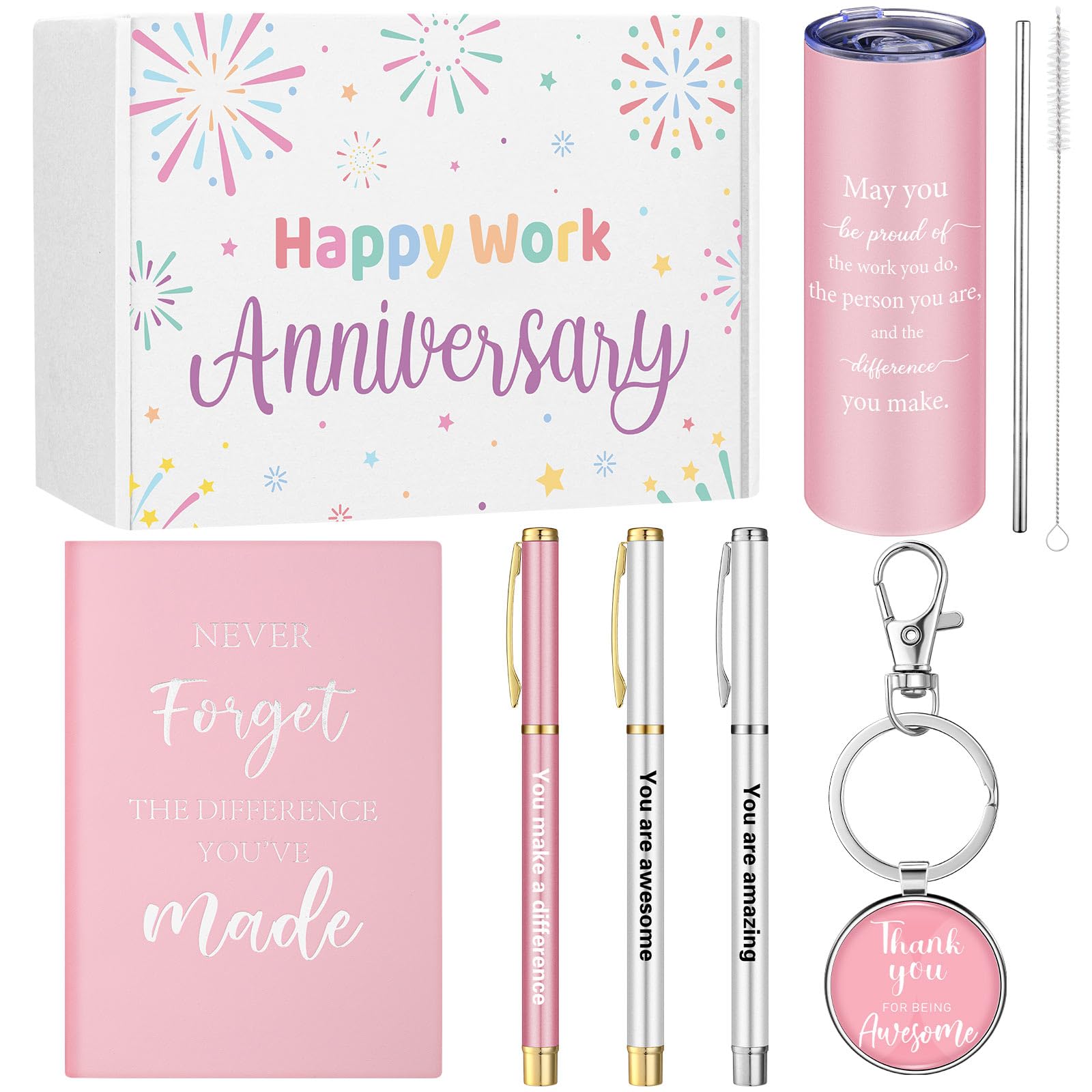 Geiserailie 7 Pcs Workiversary Gifts for Women Employee Appreciation Gift Thank You Gifts Workiversary Box Include 20oz Tumbler Notebook 3 Pens and Keychain for Office Coworker Employee(Pink)