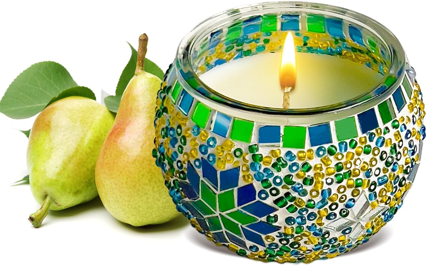 Medium Glass Mosaic Jar Scented Candle, Handmade Pear & Freesia Soy Wax Beeswax Candle for Women Men,Home Décor, Home Spas Sessions, Gifting Idea, Burn Time of 36 Hours