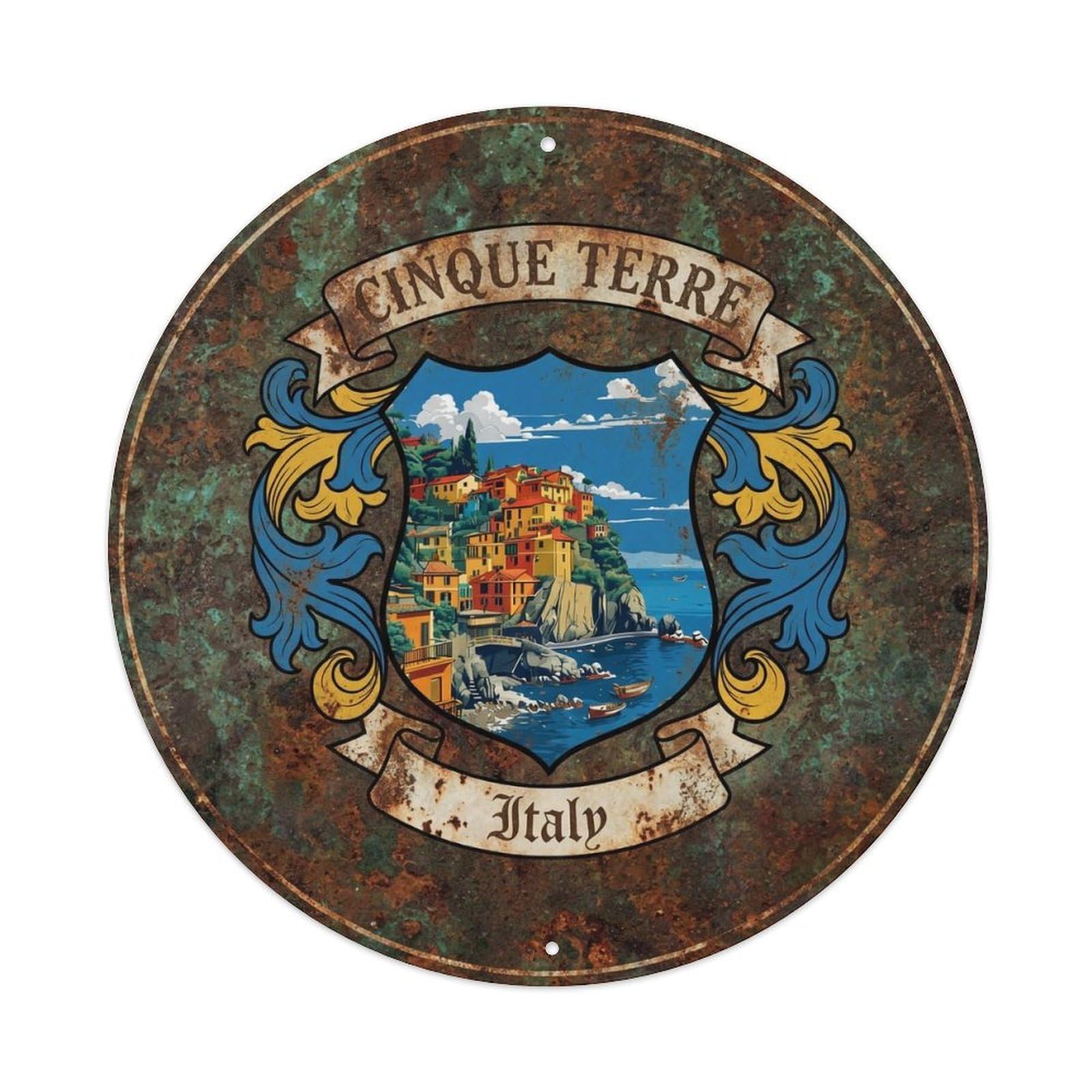 Vintage Travel Cinque Terre Italy Indigo Metal Tin Sign