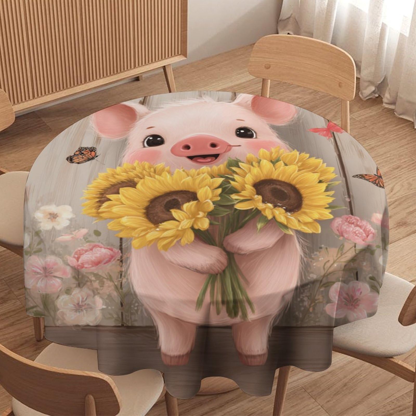 LUYYSKY Colorful Anime Cute Pigs Round Tablecloth Modern Oil Painting Wooden Fence Sunflowers Animals Pigs Butterflies Washable Decor for Table Cover for Kitchen-127 Wx127 L cm