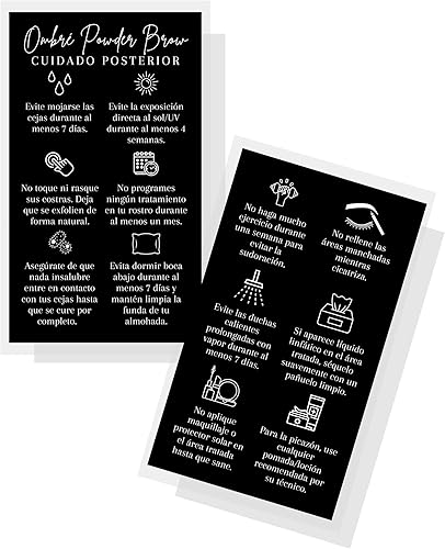 SPANISH - Tarjetas de cuidado posterior para cejas en polvo ombré, paquete de 50, tarjeta de visita de 2 x 3.5 pulgadas, suministros para artistas