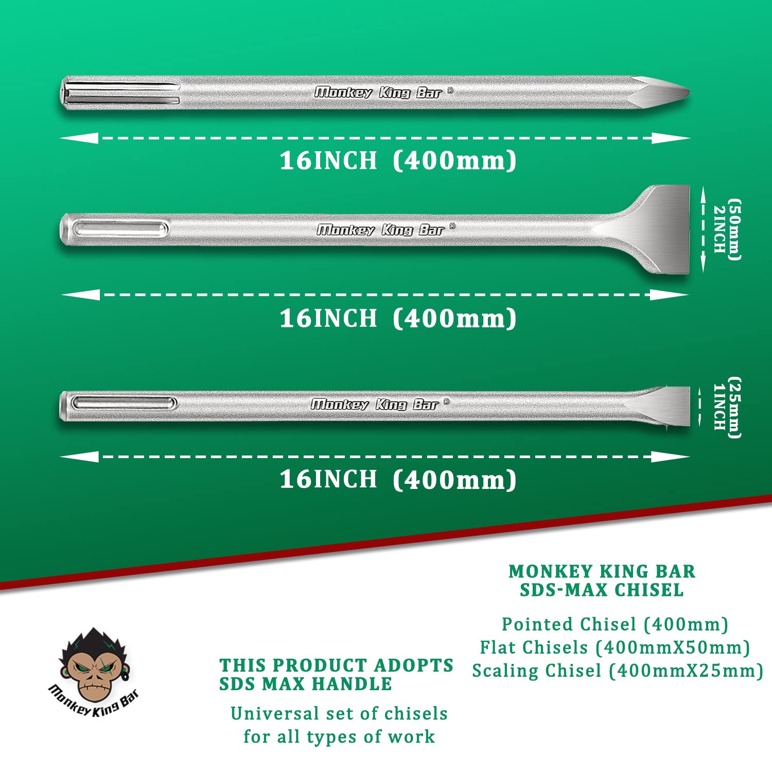 Monkey King Bar SDS MAX Set de burins, 3 pièces : burin pointu (400 mm) burin gradué (400 mm x 50 mm) burin plat (400 mm x 25 mm) Compatible avec les burins universels, marteau perforateur