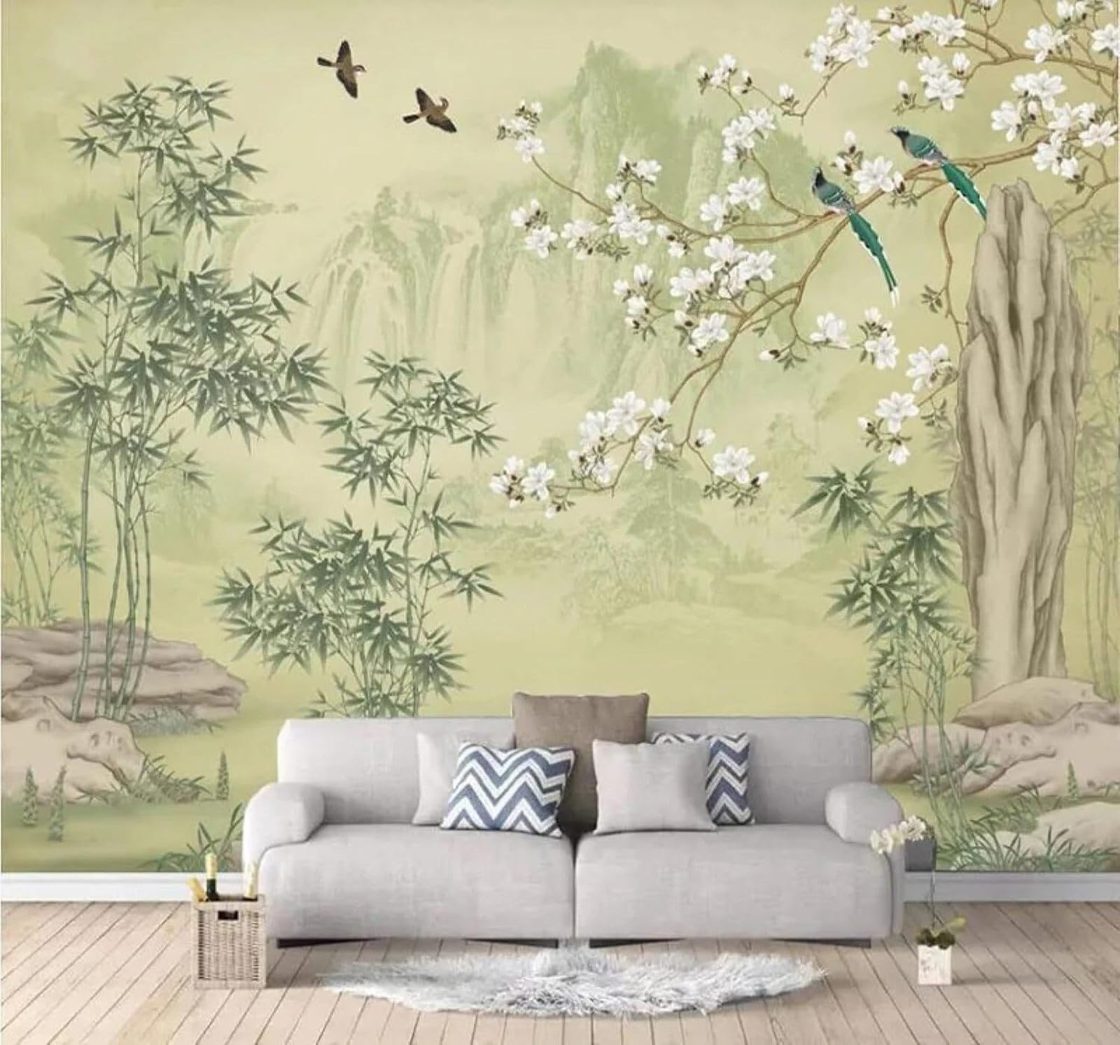 Xlming 350Cm×256Cm(B×H) Classic Fresh Bamboo Magnolia Landscape 3D Wallpaper Luxury Silk Study Dining Feature Sofa Grey Bedroom Living Room Tv Decorative Wall-350Cm×256Cm