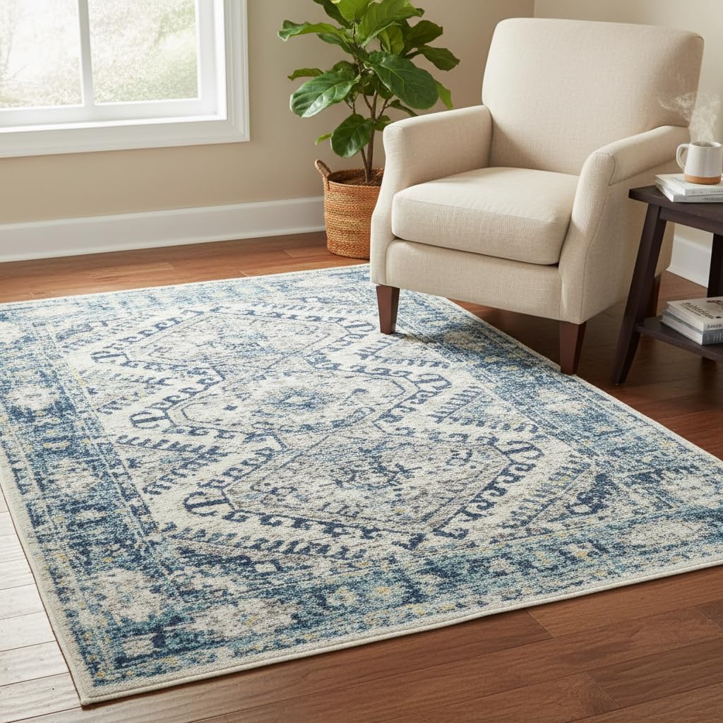 Navy Blue Vintage Geometric Area Rug Distressed Traditional Flat Woven Carpet Lightweight Shed Resistant Durable Material with Hessian Backing Living Room Bedroom Accent Rug 160cm x 230cm