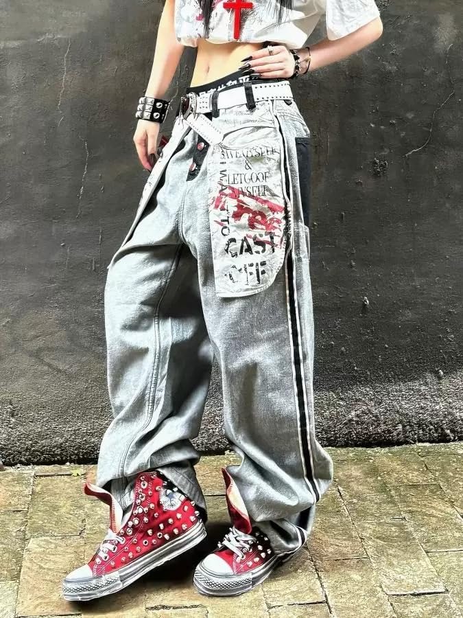 Y2k Vintage Grunge Reverse Big Pocket Graffiti Harajuku Baggy Jeans Hiphop Punk Loose Casual Wide Leg Denim Pants4