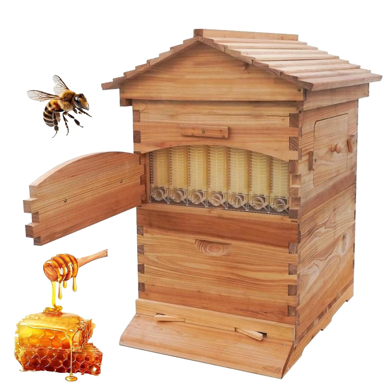Kit Completo per Arnie, Kit di avviamento per Arnie, arnia a Flusso Automatico con 4 telaini, arnia in Legno a Flusso, Kit Completo per Apicoltura, Colore Legno Naturale