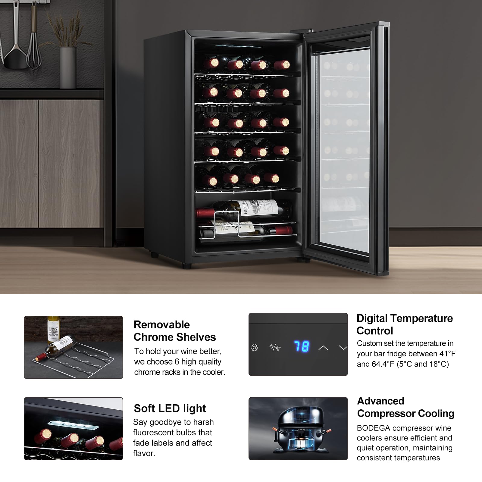 BODEGA 110 Cans Beverage Refrigerator, 24 Bottle Mini Fridge For Bedroom With Glass Door, Adjustable Shelves For Soda, Beer & Wine, Digital Temperature Control For Home, Office, Bar Or Dorm. on Fridge.com - View 2