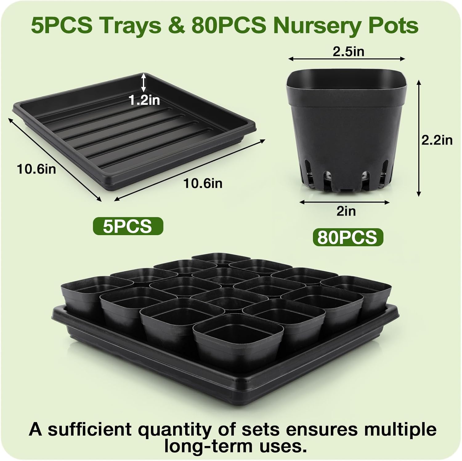 80Pcs 2.5inch Square Nursery Pots with 5Pcs Seed Starting Trays, Seed Starter Tray Kit, Seeds Starting Germination, Seeding Pots with Drain Holes, Small Plant Nursery Propagation - Image 2