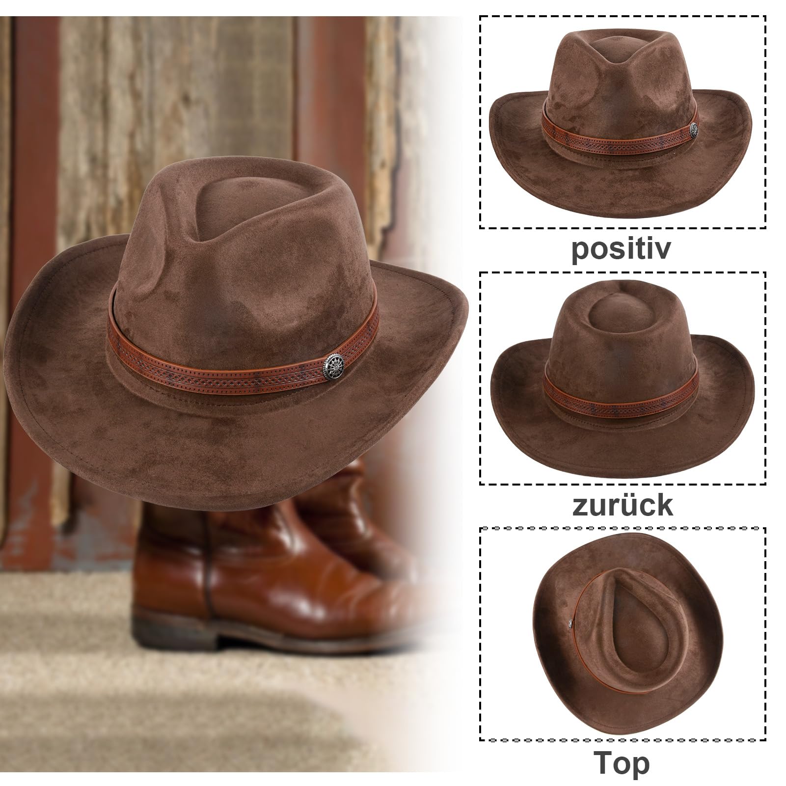 Cowboyhut für Damen und Herren, Westernhut, Wildleder, Panamahut, Cowboy- und Cowgirlhut, Filzhut, breite Krempe, Fedora-Hüte, Braun, braun, Einheitsgröße