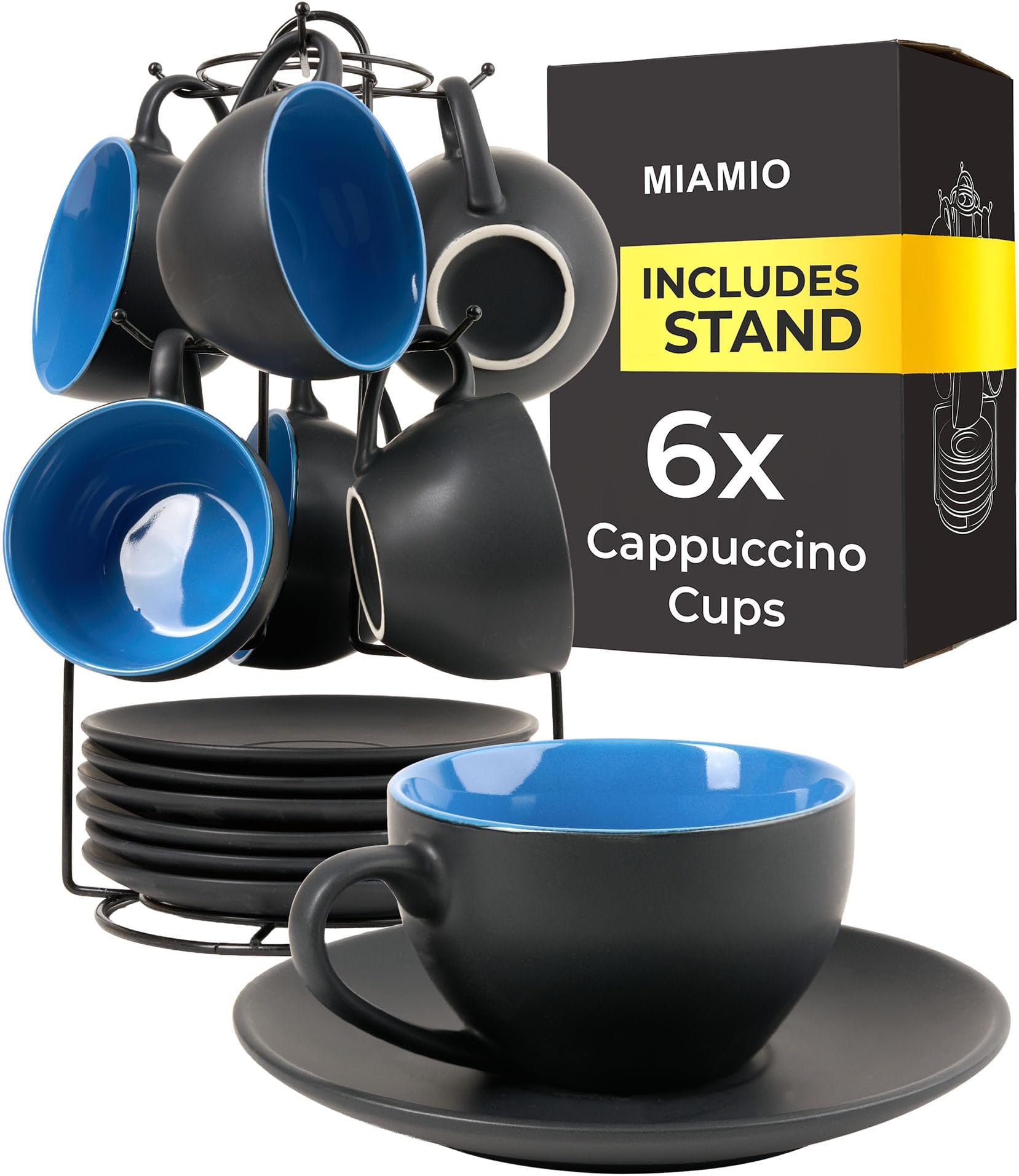 – Set of 6, Ceramic Stackable Cappuccino Cups Set / 175 ml Cappuccino Mugs and Saucer with Metal Stand for Coffee Drinks Cafe Latte Americano and Tea - Le Papillon Collection