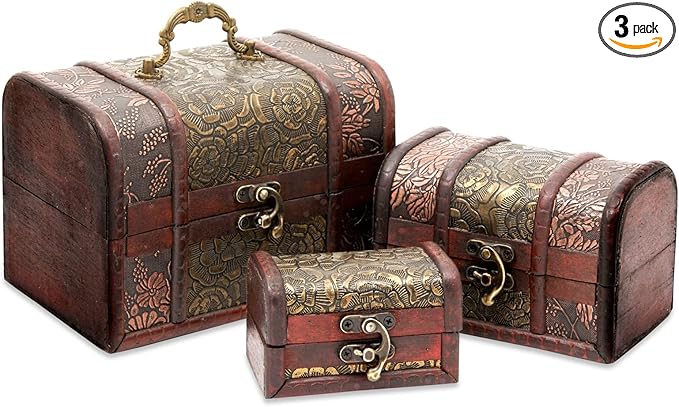 Juvale Antique Decor Wooden Storage Chest Set - 3 Nesting Sizes Brown Floral - Hand-Carved Flower Motifs & Hinged Lid - Decorative Storage Boxes & Jewelry Organizer - Home Decor