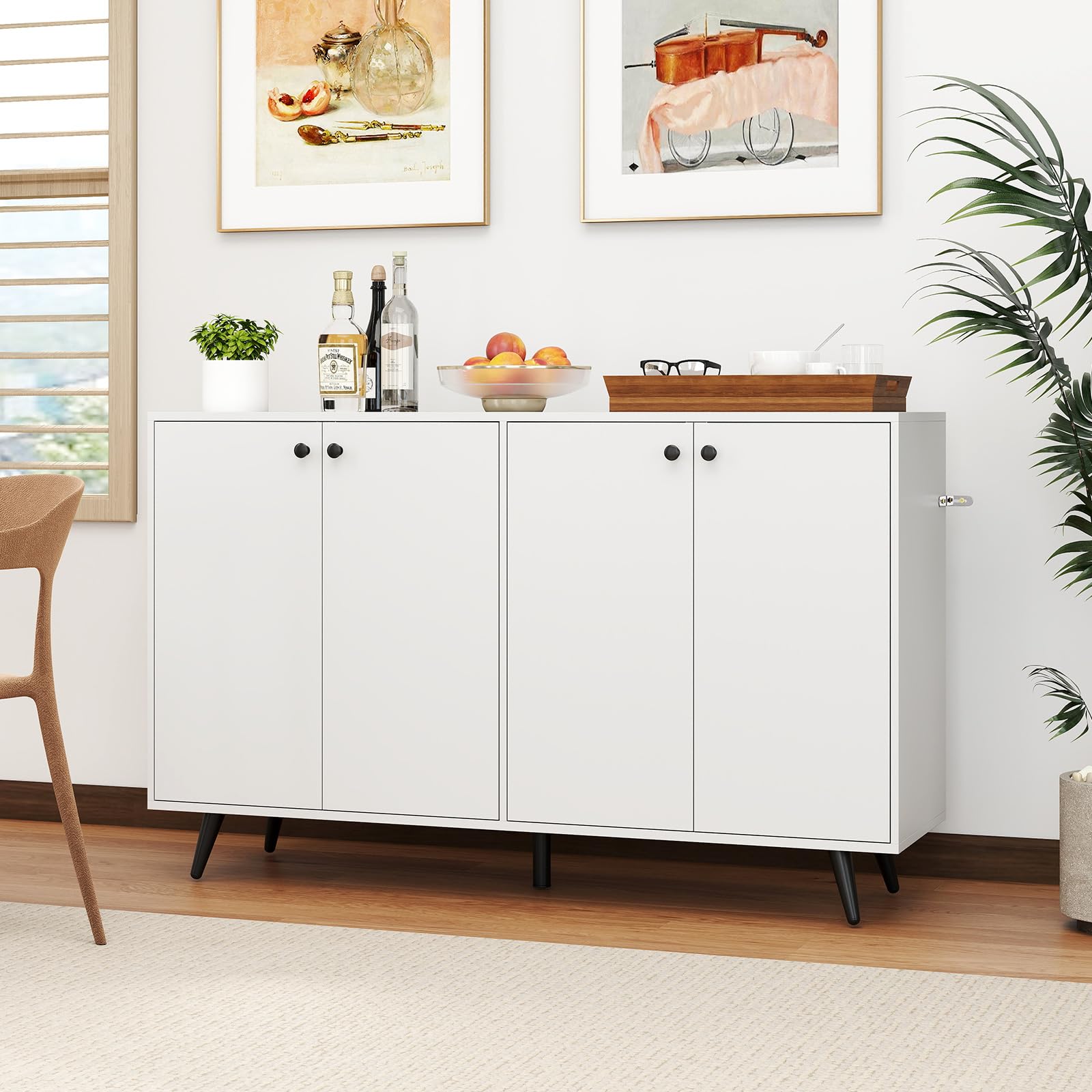COSTWAY Sideboard Holz, Kommode mit 4 Türen & 5-Fach verstellbare Ablagen, Anrichteschrank Buffetschrank Küchenschrank, Schrank modern, für Wohnzimmer, Küche, Esszimmer, 127,5 x 38 x 80 cm, Weiß