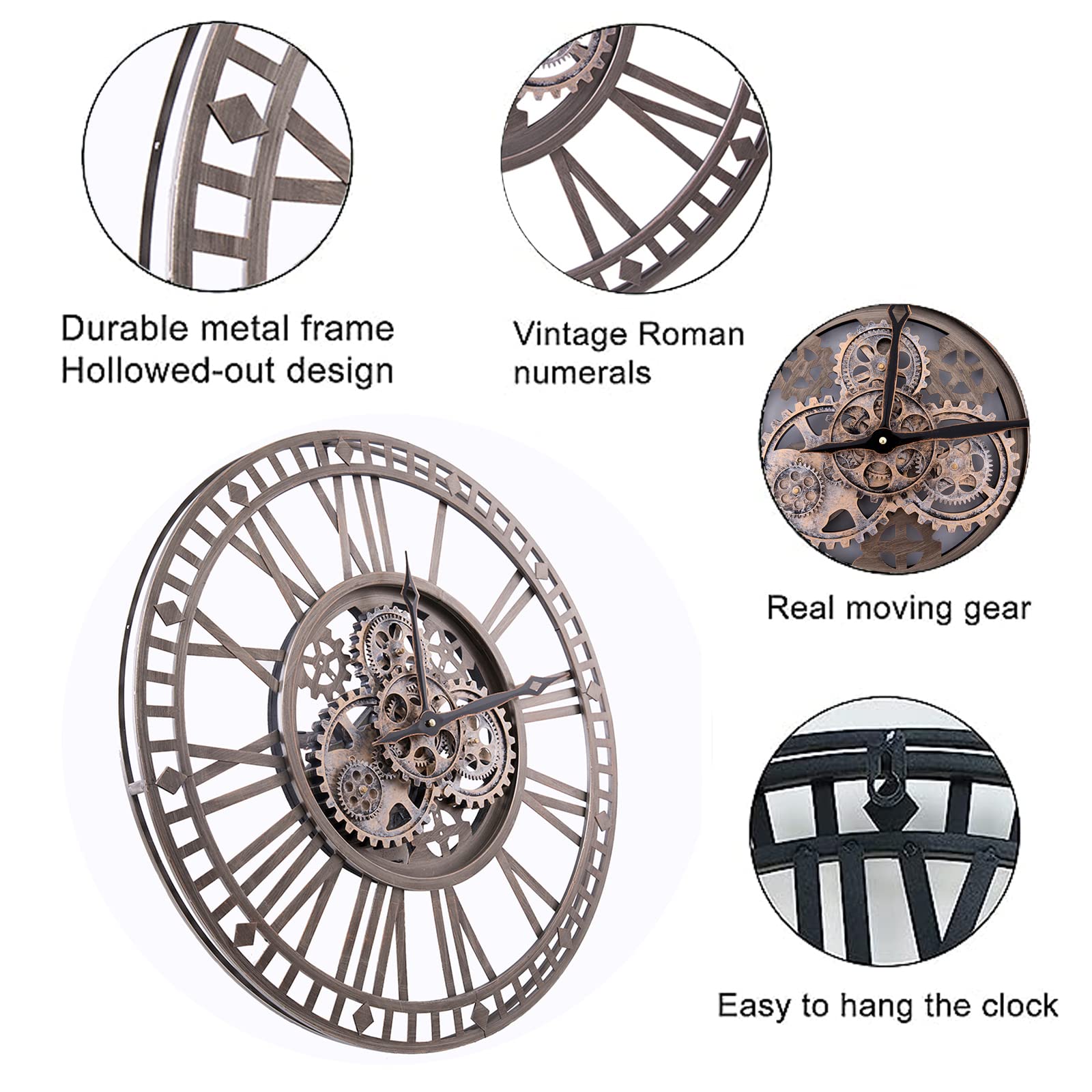 Reloj De Pared Grande Salon Engranajes Giratorios, NúMeros Romanos Retro para Bar CafeteríA Cocina 24 Pulgadas