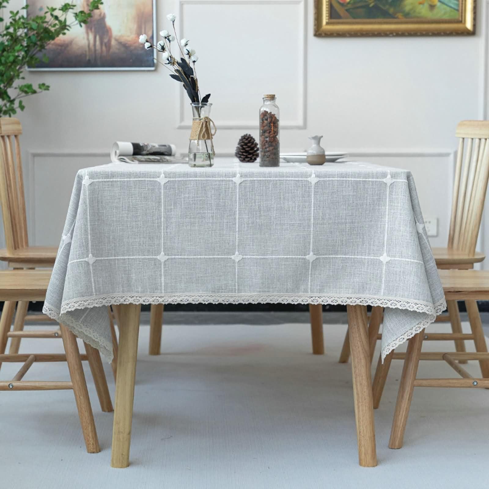 Mantel de Cocina Rectangular Gris, Cuadros con Borlas, de Poliéster Fácil de Limpiar, 140 x 220 cm, Mantel para Sala de Estar
