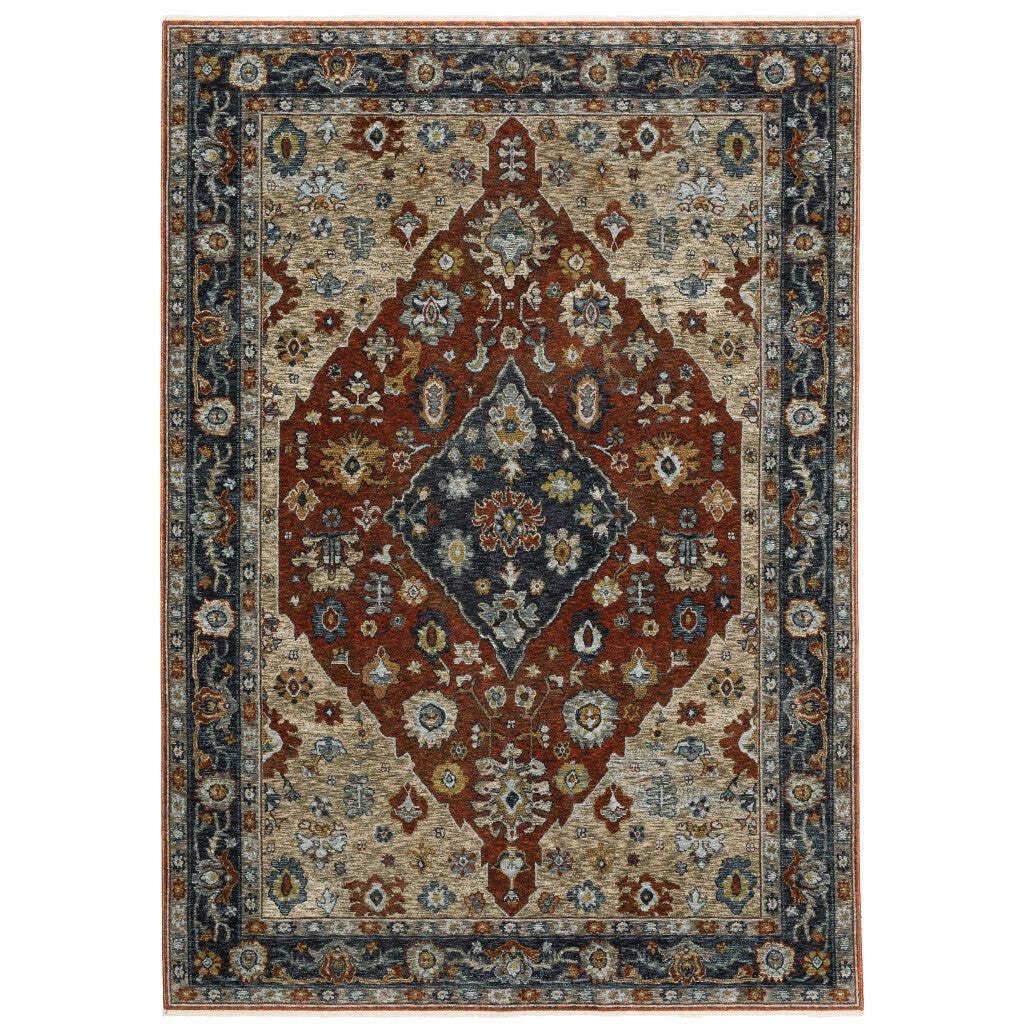 HomeRoots 508054 3 x 5 ft. Blue Beige Tan Brown Gold & Rust Red Oriental Power Loom Stain Resistant Rectangle Area Rug with Fringe