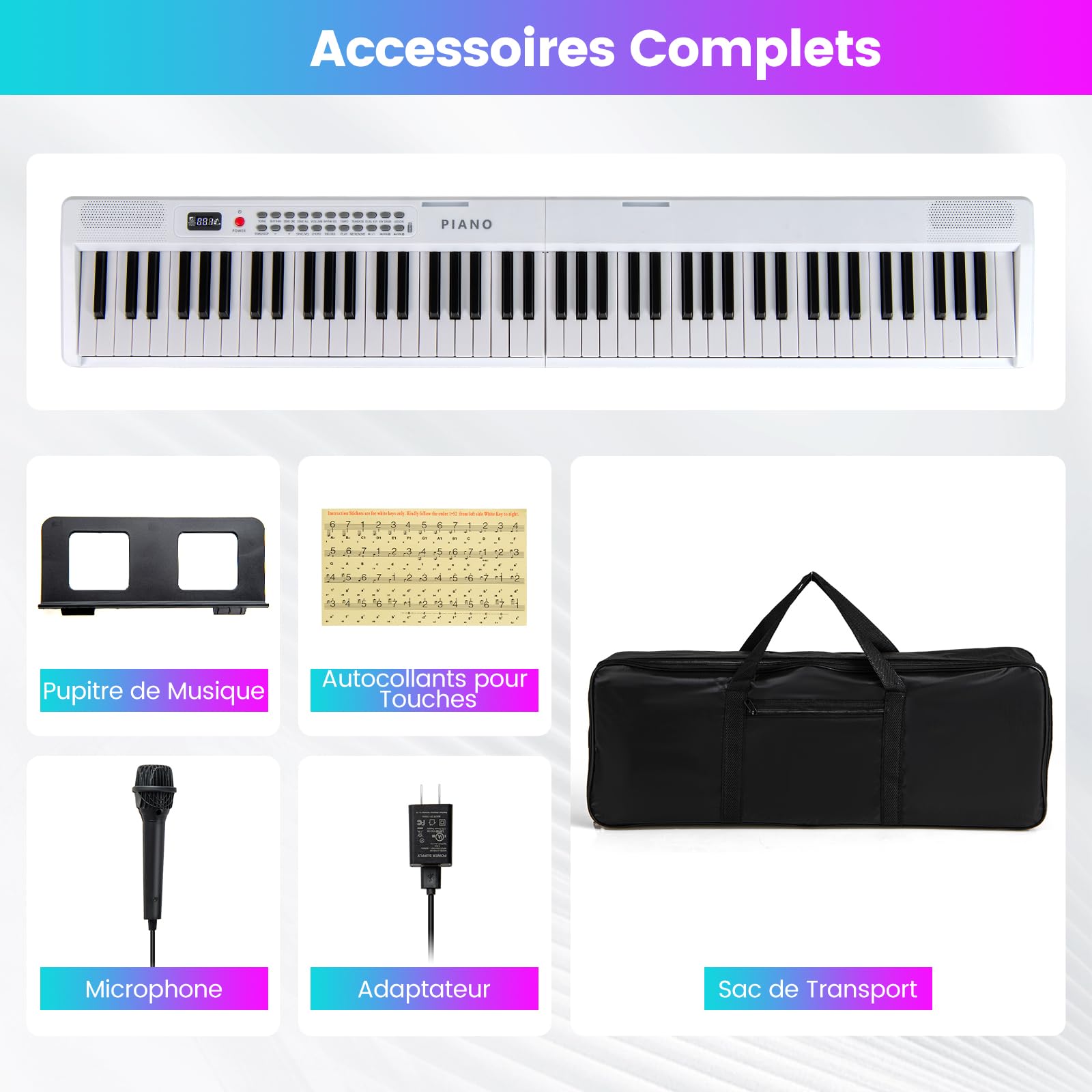 DREAMADE Clavier Numérique Pliable à 88 Touches, Semi-Lesté de Taille Standard avec MIDI Sans Fil, 2 Haut-Parleurs, Piano Portable pour Débutants, Enfants, Adultes (Blanc)