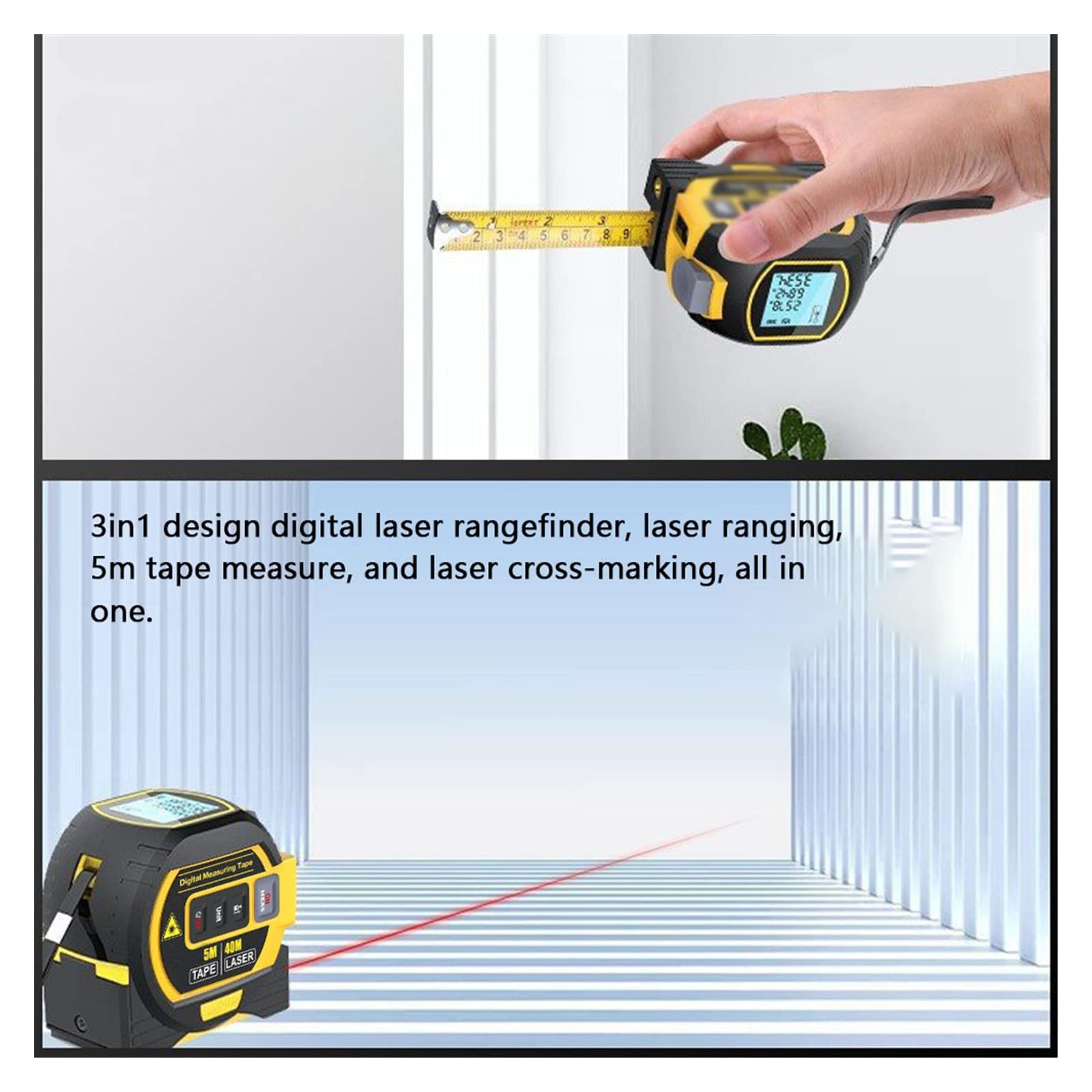 medidor de distancia láser, Telémetro láser 3 en 1 con regla de cinta métrica de 5 m, pantalla LCD con luz de fondo, medidor de distancia láser, dispositivo de medición de construcción Medir distancia