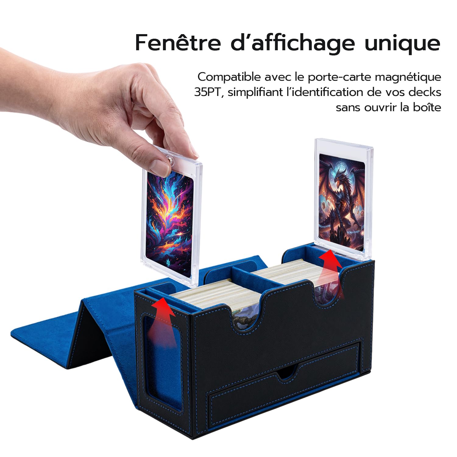 Boîte à Cartes Double Couche pour MTG, avec Tiroir pour Dés, 2 Fenêtres D'affichage Latérale, Magnetic Deck Box Contenir à 300+ Cartes pour Commander TCG Cartes à Collectionner - Bleu Noir