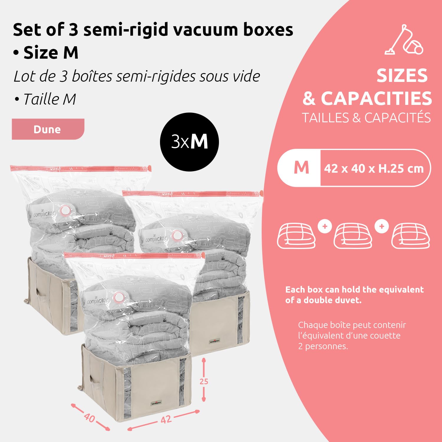 COMPACTOR- Lot de 3 housses de rangement sous vide Taille M - 42 x 40 x H27 cm - Coloris beige - Compression avec aspirateur - Valve brevetée - Grande capacité - Linge protégé