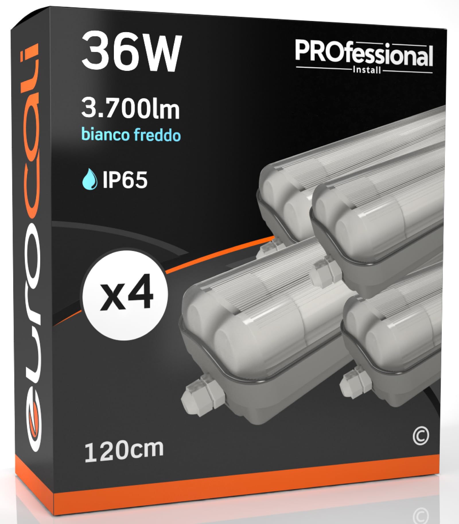Eurocali 4x Plafoniere IP65 Impermeabile 36W Trasparente 3700 Lumen con 2 Tubi LED da 120cm - Luce Bianco Freddo 6500K - Fascio Luminoso 160° - Sostituzione Neon