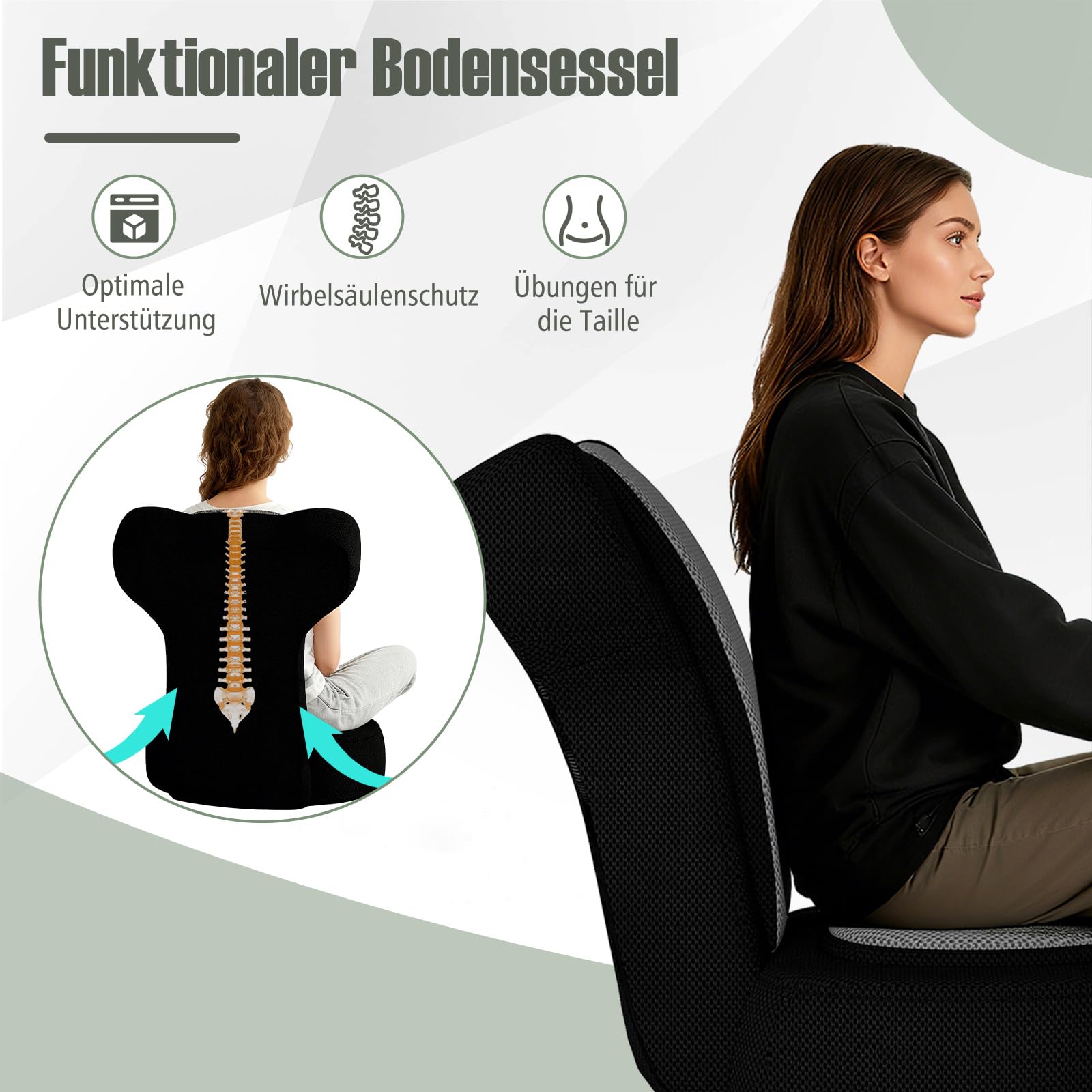 COSTWAY Bodenstuhl klappbar, Bodensofa mit Verstellbarer Kopfstütze & Rückenlehne, gepolstertes Bodenkissen mit Liegefunktion, Bodensessel mit Metallrahmen, Meditationsstuhl für Zuhause (Grau)