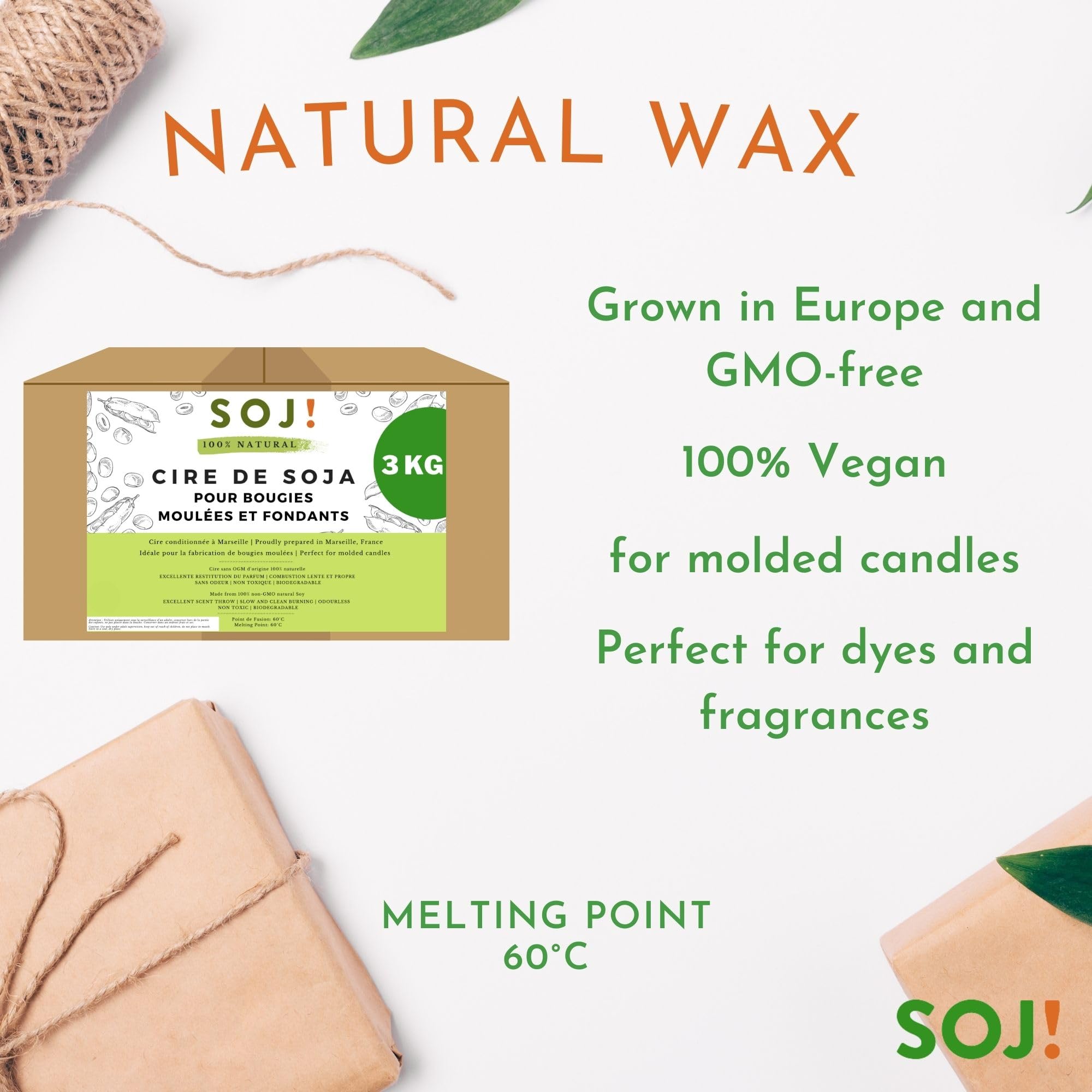 Cire de soja pour bougie moulée et fondant en pastille, Cire pour bougies sans OGM, 100% Naturelle et vegan, fabrication de bougies végétales, conditionnée en France (3KG)