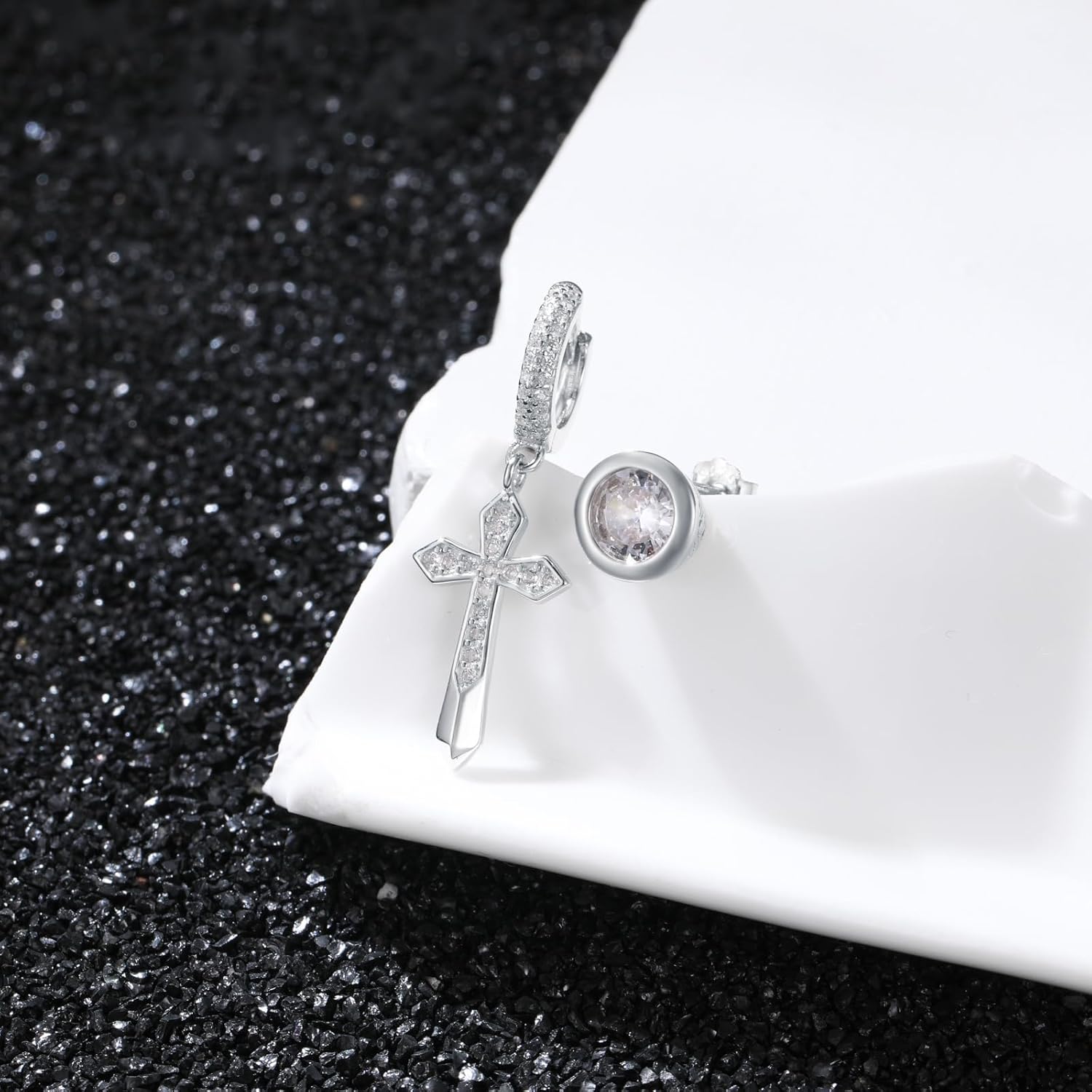 Cross Earrings 925 Sterling Silver Mismatch Cross Hoop Dangle Earrings 5A CZ Stud Earrings for Men Women