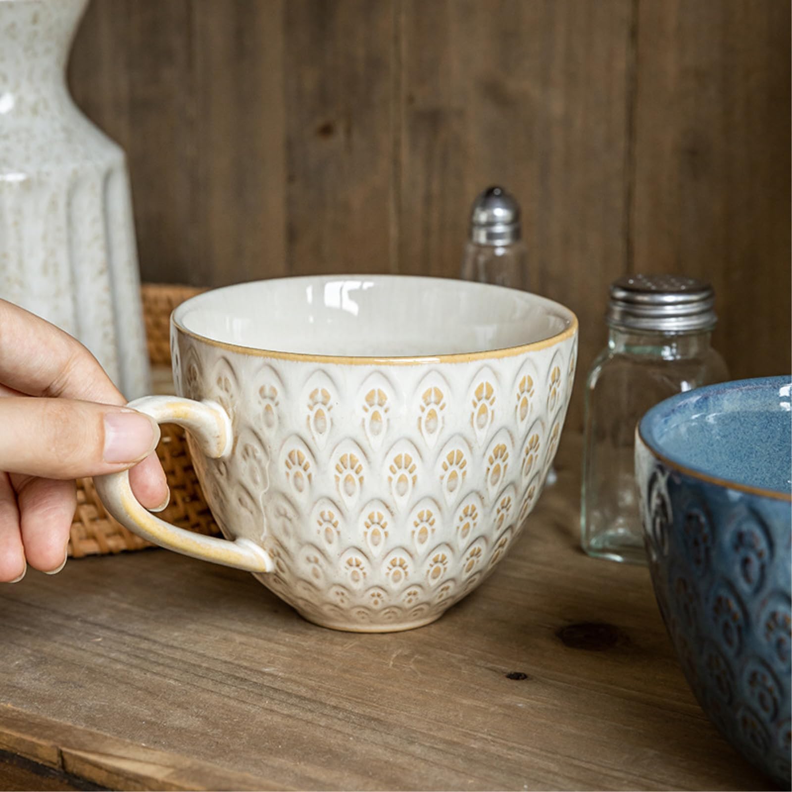 Taza de desayuno a cuadros de 500 ml con esmalte de horno de avena retro de cerámica, 500 ml